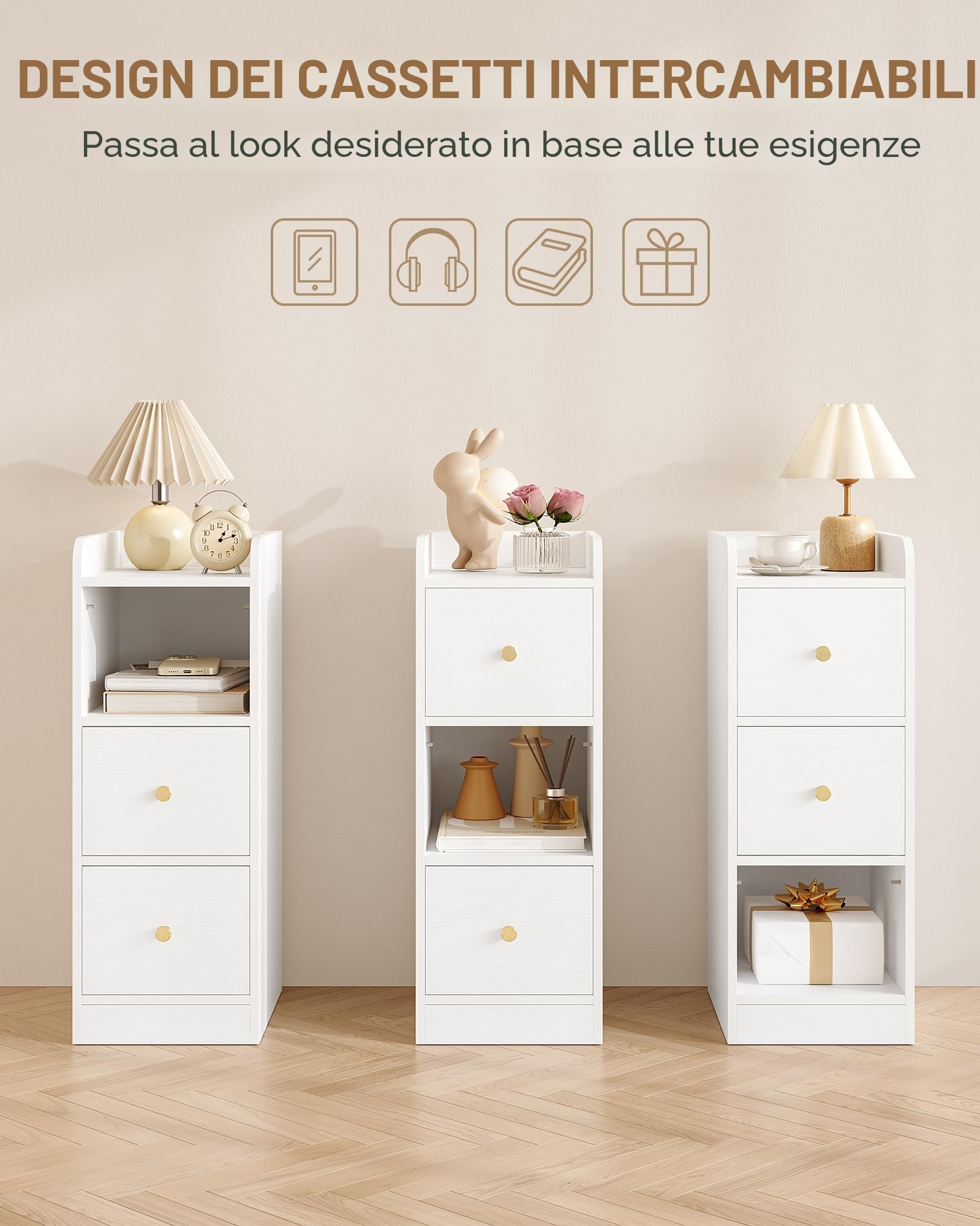 Hzuaneri Comodino Set di 2, Tavolino Stretto con 2 Cassetti, comodino con protezione superiore, per spazi ristretti, per Camera da Letto, Soggiorno, 30 x 24 x 65 cm, Bianco con venature del legno