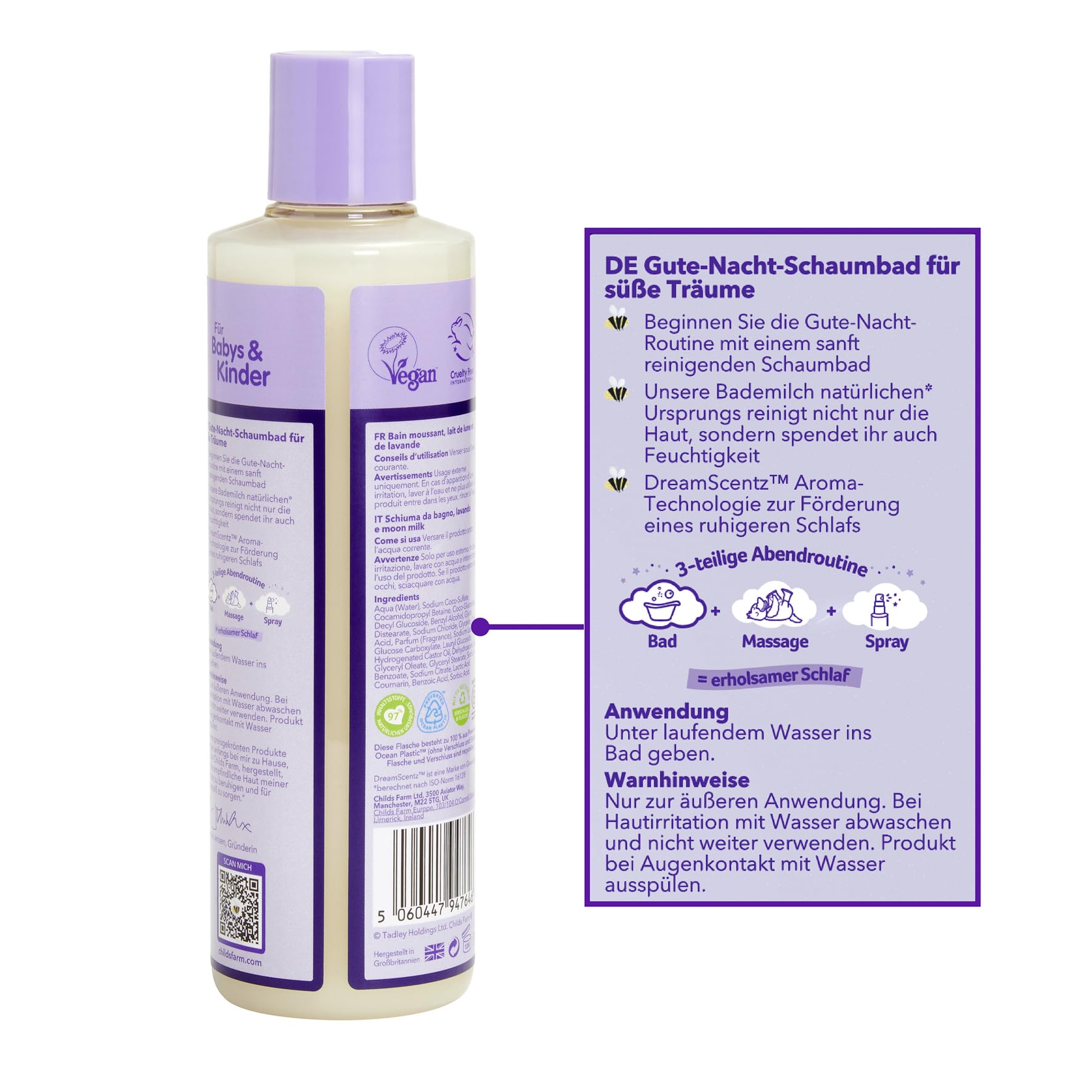 Childs Farm SlumberTime uspokajające mleczko do kąpieli, lawendowe i księżycowe, 250 ml, delikatne kąpiele piankowe przed snem, dla wrażliwych lub skłonnych do egzemy noworodków, skóry niemowląt i