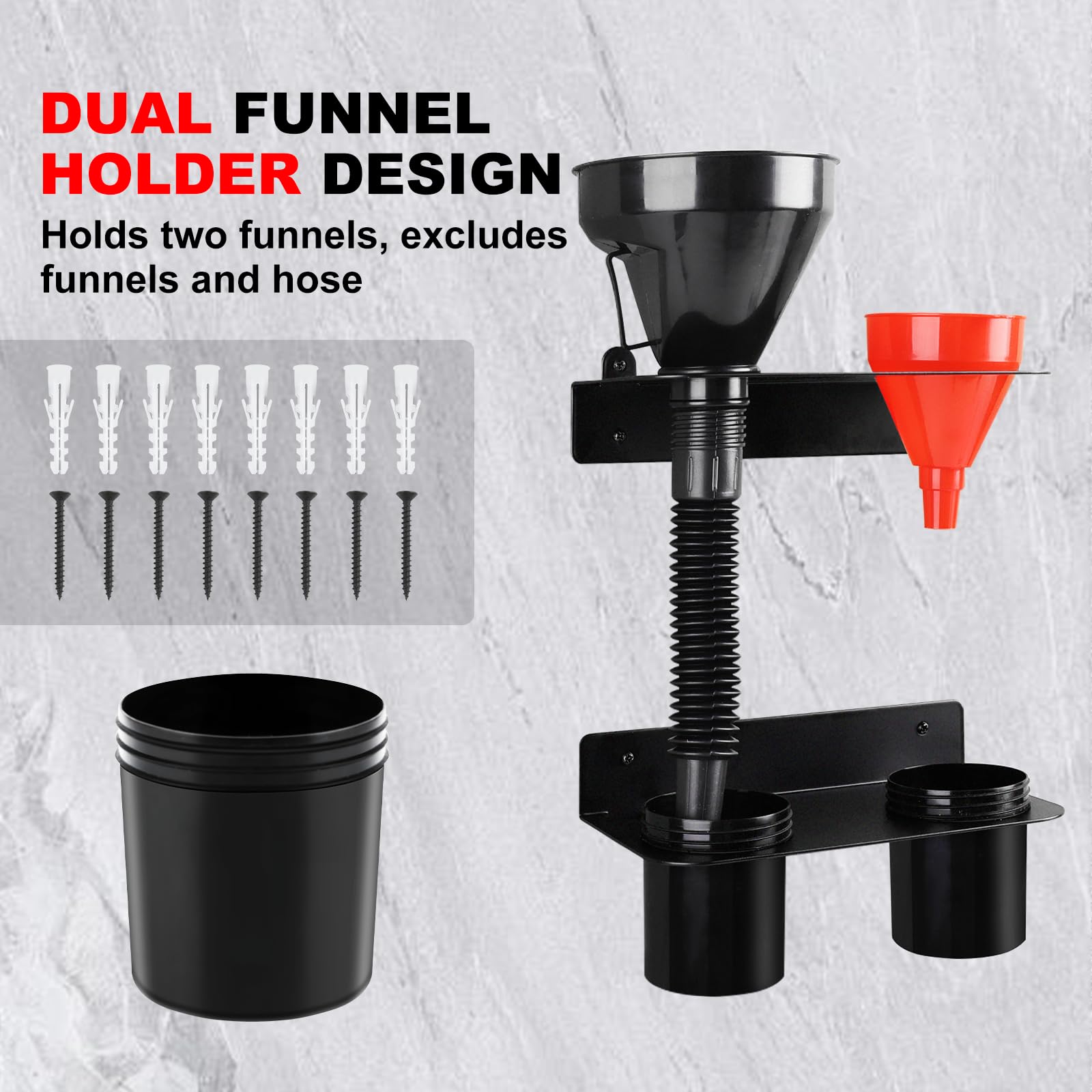 Soporte de doble embudo de aceite, incluye 2 vasos de goteo extraíbles de plástico, kit de embudo de drenaje de líquido de montaje en pared, soporte organizador para remolques de carreras