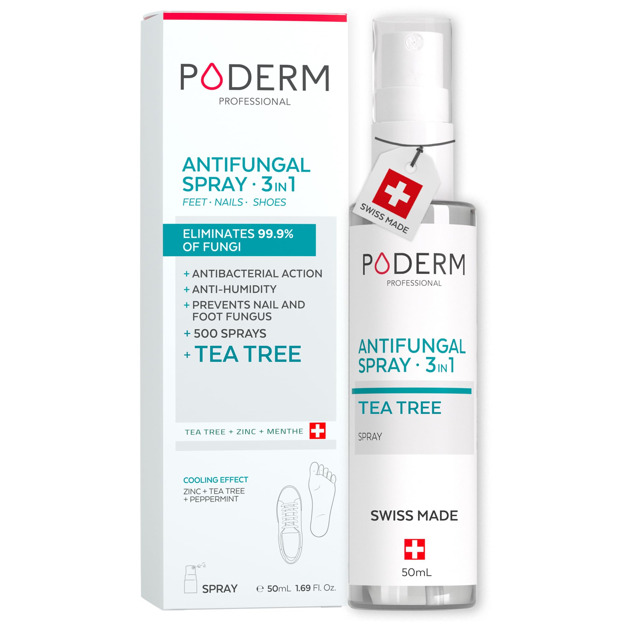 PODERM 3-in-1 Antifungal Spray for Nails, Feet & Shoes | Helps Eliminate 99.9% of Foot Fungus & Bacteria in 1 Hour | Tea Tree, Zinc & Mint | Swiss Made | Developed by a Podiatrist