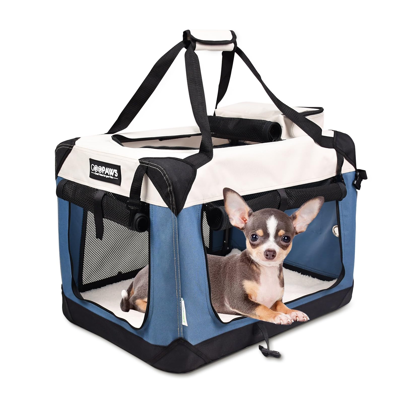 JESPETSoft Dog Crates Kennel for Pets, 3 Door Soft Sided Folding Travel Pet Carrier with Straps and Fleece Mat for Dogs, Cats(6-Lake Blue, Small(24" L x 16.5" W x 16.5" H))