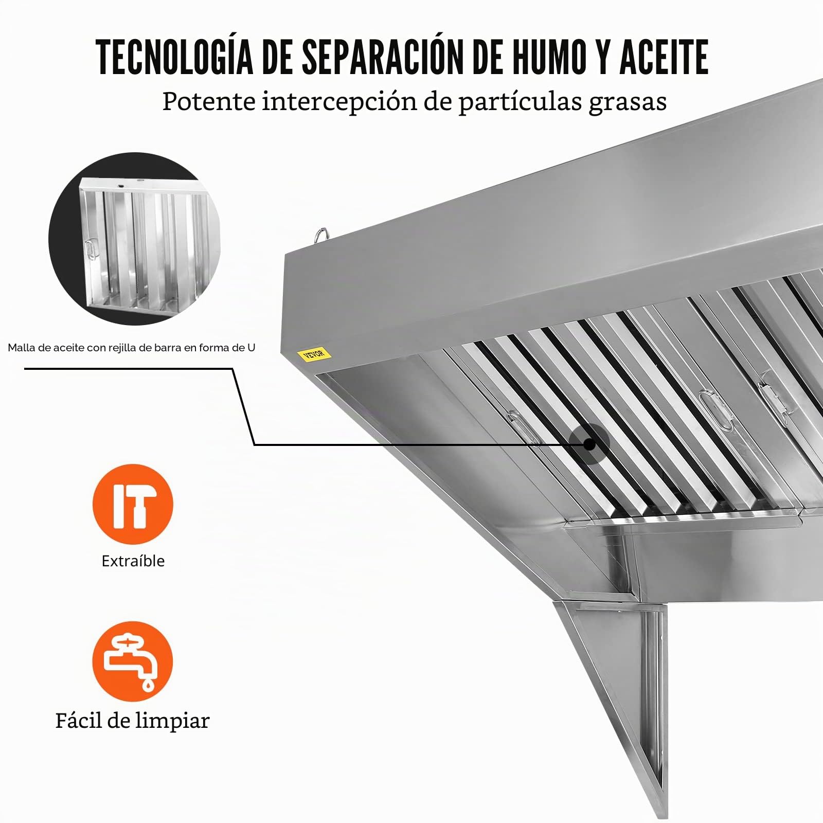 VEVOR Campana extractora comercial de 8 pies para camión de alimentos, capó de remolque de acero inoxidable 201 con 4 rejillas de filtro de aceite extraíbles en forma de U, campana de ventilación