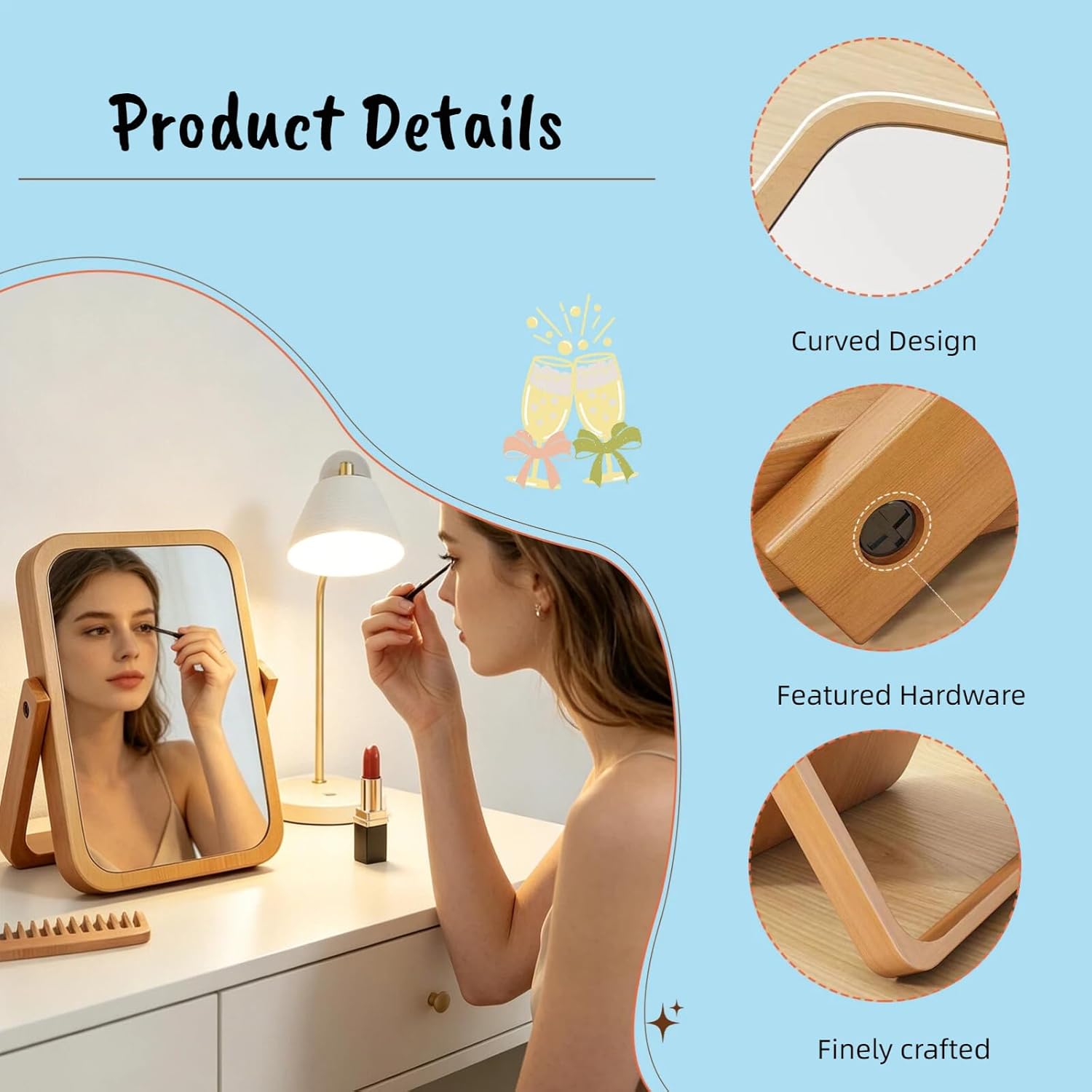 Wooden Makeup Mirror, Rectangular, wall-mountable, Available in Medium and Small Sizes, Perfect for the Bedroom, Makes a Great Birthday Gift(7.5" L x 5.9" W)