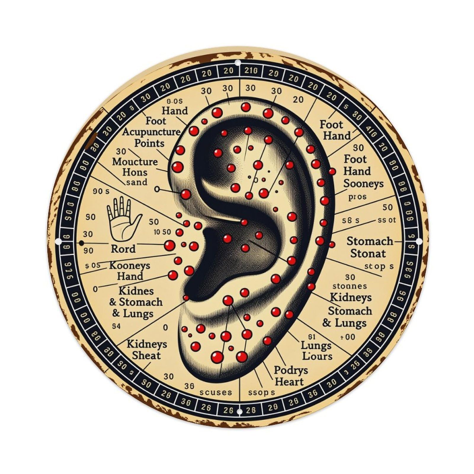 Ear Acupuncture Points Chart Diagram Round Tin Sign Vintage Metal Poster Retro Bar, Home, Man Cave, Kitchen, Laundry Room Wall Art Decor Gift 8x8Inch
