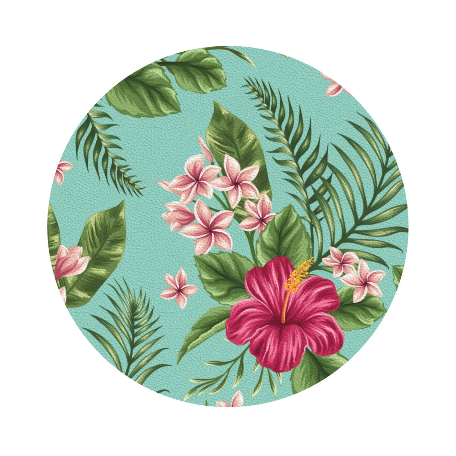 Hawaiian Tropical Leaves Flowers PU Leather Coasters Set of 6 Round Drink Coasters
