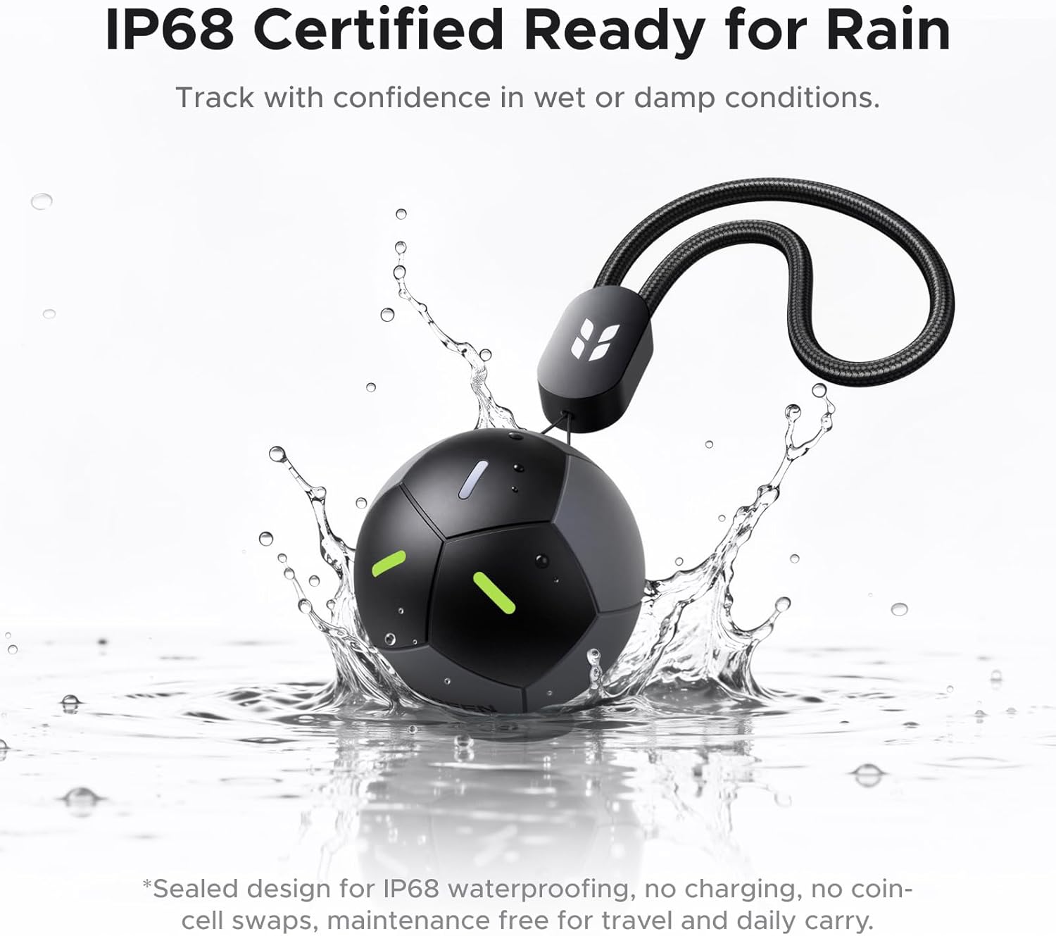 UGREEN FineTrack2 Air Tracker partially submerged in water, with water splashing around it, demonstrating its IP68 water resistance.