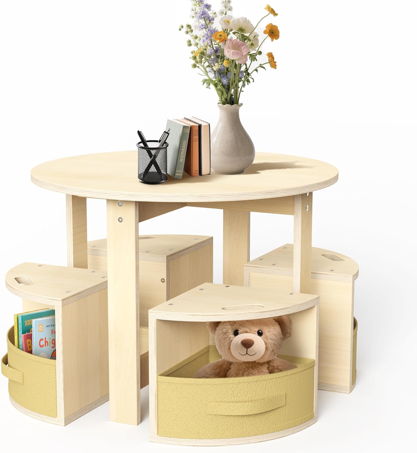 Table and Chair Set with 4 Storage Stools, Round Shaped Nesting Design, Activity Table for Play/Art/Reading/Craft, Natural