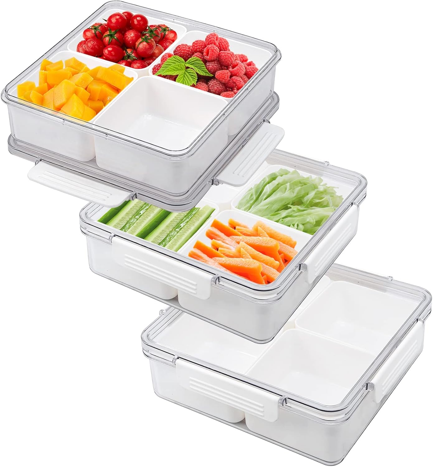 MineSign 3Pack Snackle Box Divided Veggie Serving Tray with Lid Salad Keeper with 4 Removable Boxes Stackable Refrigerator Organizer Bins Produce Saver for Meal Prep Fruit Vegetable Lunch Meat - Image 8