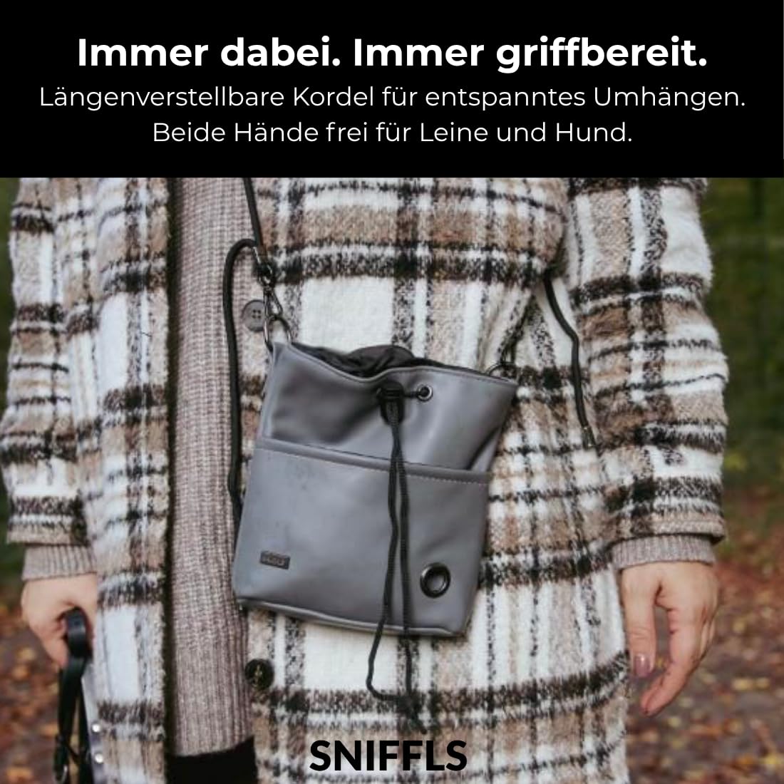 Leckerlibeutel für Hunde - Futterbeutel Hundetraining, Grau | Einhand-Kordelzug, Bruchsicherer Metall-Clip, Wasserabweisend, Mit Handy- und Kotbeutelfach, Recyceltes Material