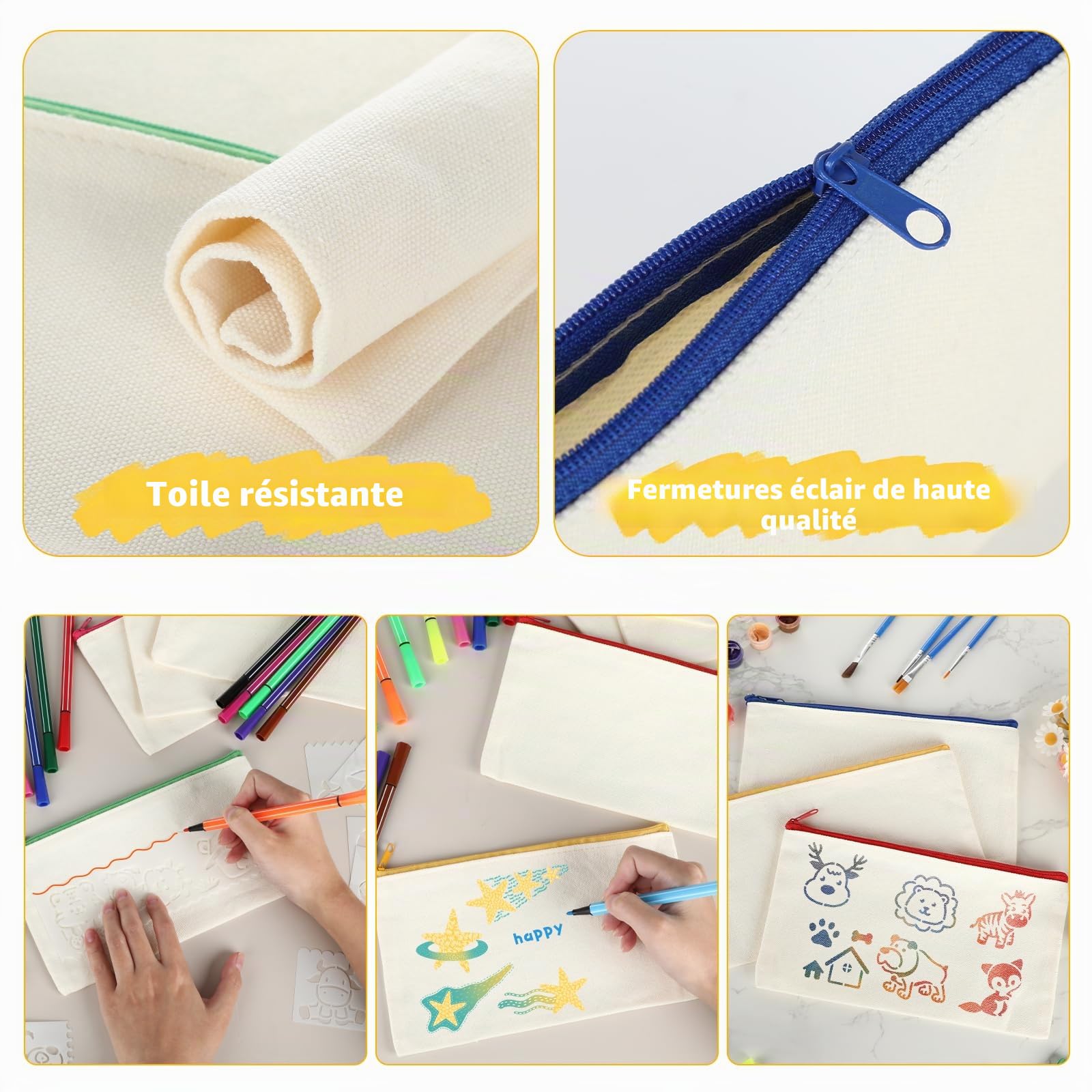 12 Pièces DIY Vierge Pochette Tissu, Pochette Tissu Zippée, Trousses en toile à peindre,12 pinceaux colorés, 16 modèles de peinture, 12 x 21cm,pour Voyage Activités en Classe, cadeaux pour enfants