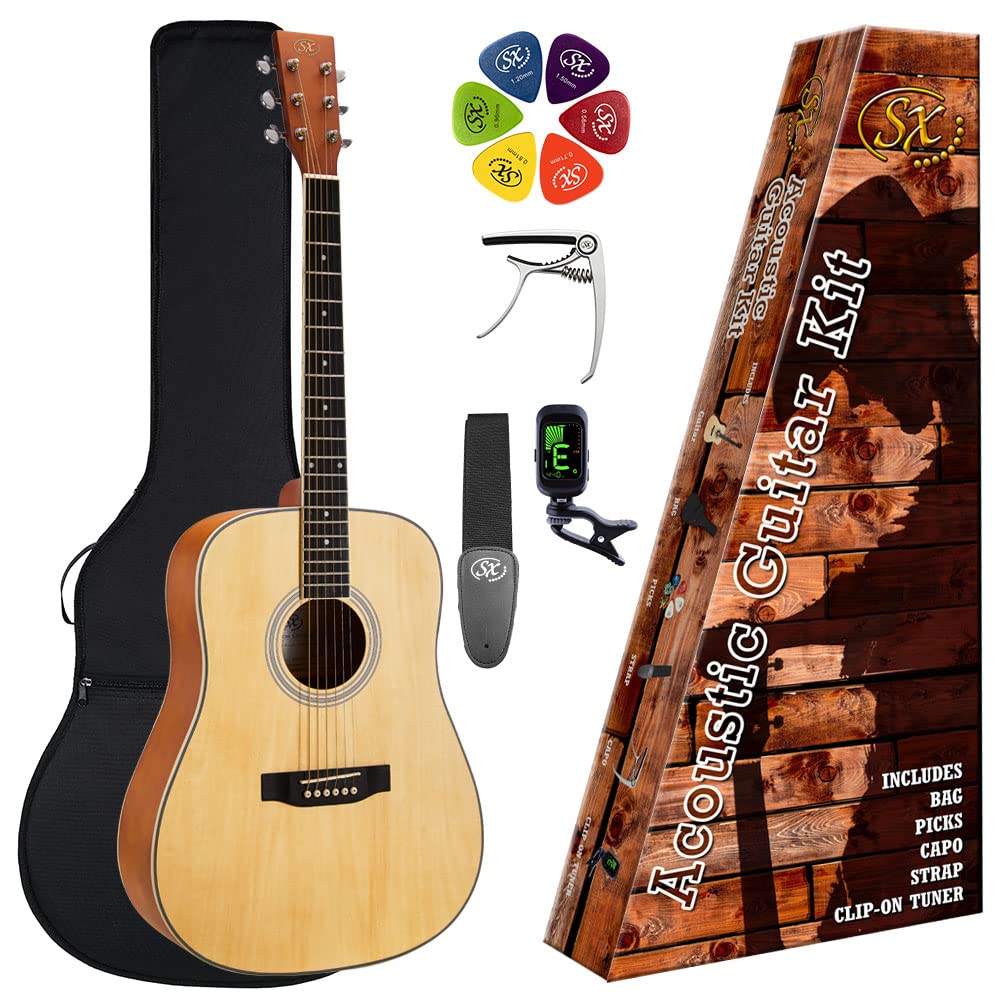 SX SD104K Acoustic Natural Right Handed Guitar Packs with Bag, Clip On Tuner, Capo,Strap and Picks