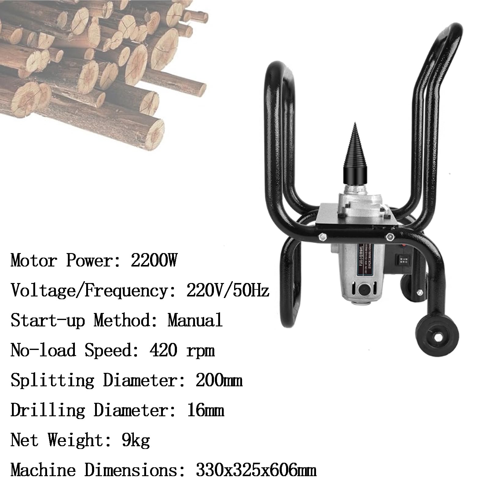 Sdoppiatore elettrico per legno, 2200 W, spaccalegna automatico, diametro 200 mm, velocità a vuoto 420 giri/min, protezione da sovraccarico, ruote in gomma solida per uso esterno