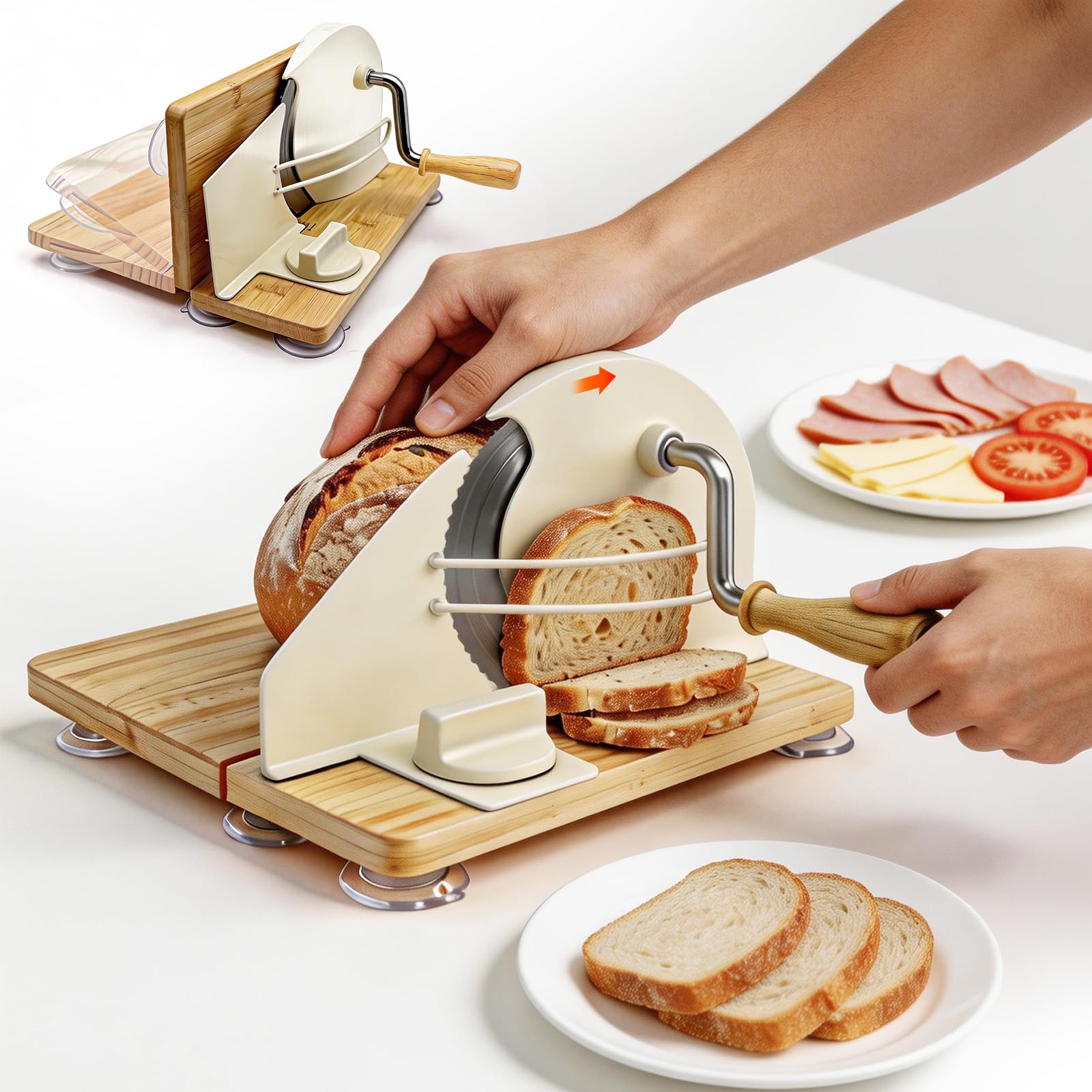 Photo 1 of Jegxemt Manual Bread Slicer, Detachable Stainless Steel Blade & Folding Wood Base - Adjustable Slice Thickness 1-20mm, Suction Cup Base, Metal Guide & Rotating Handle for Sourdough, Bagels, Toast