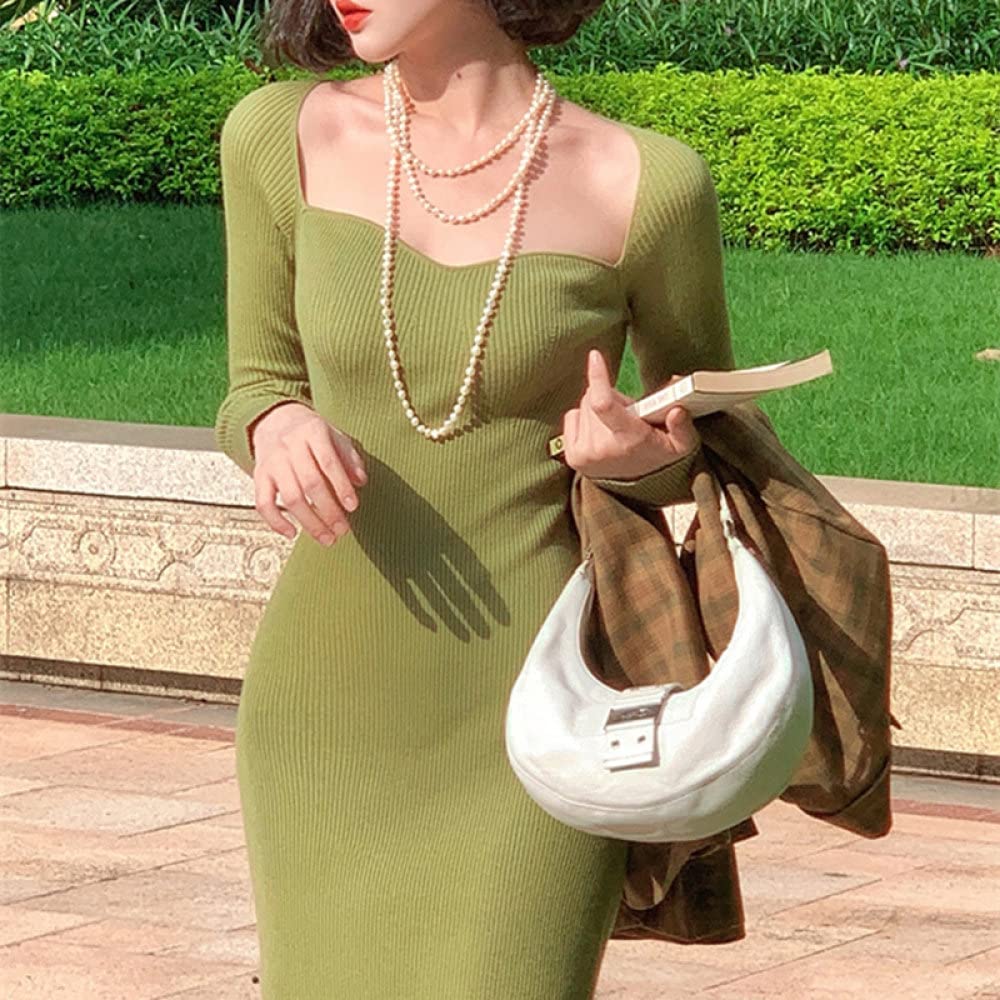 Femme Longues Manches Robe Moulante Sexy sans Bretelles Côtelées pour Dames Automne Hiver Robe Pull Mi-Longue À Manches Longues, Vert Clair, Taille Unique