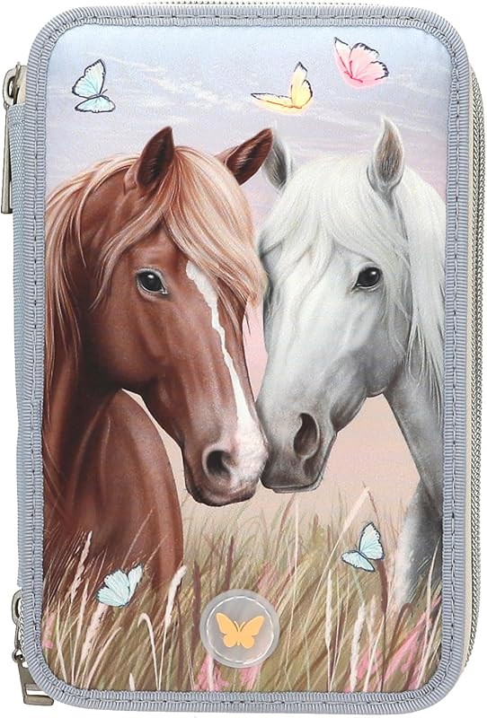 Depesche 13976 Miss Melody - GefĂĽllte 3-Fach Federtasche in Hellblau und Beige, mit Pferde Motiv, LED-Licht und Schmetterlingen, Federmappe mit Buntstiften, Schere, Lineal UVM.