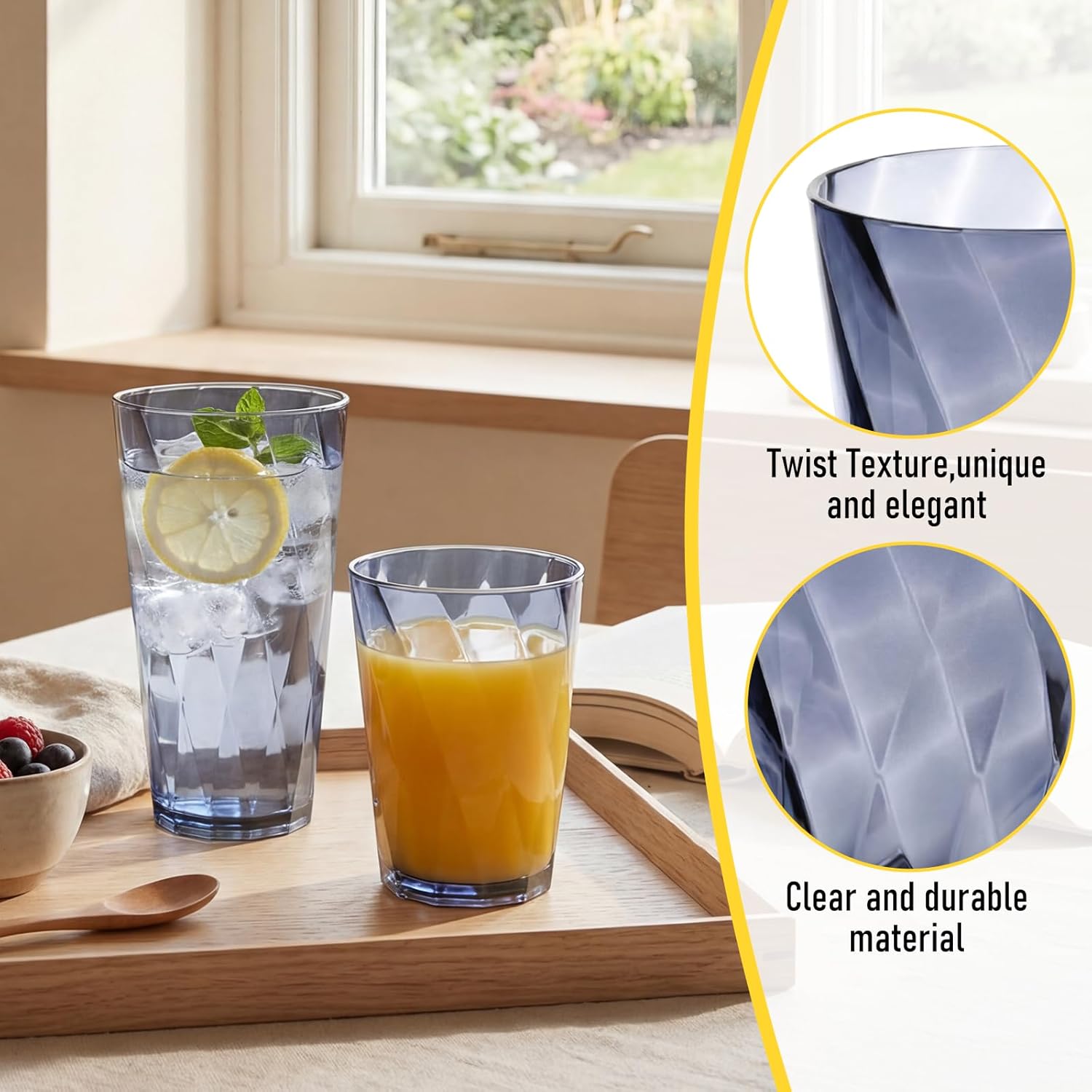 LemonRoad 24 Pack Reusable Plastic Drinking Glasses Set - 20oz & 13.5oz Stackable Tumbler, Shatter-resistant Highball Cups for Water, Cocktail, Iced Coffee, Indoor Outdoor Use, BBQ, Patio, Pool (Grey)