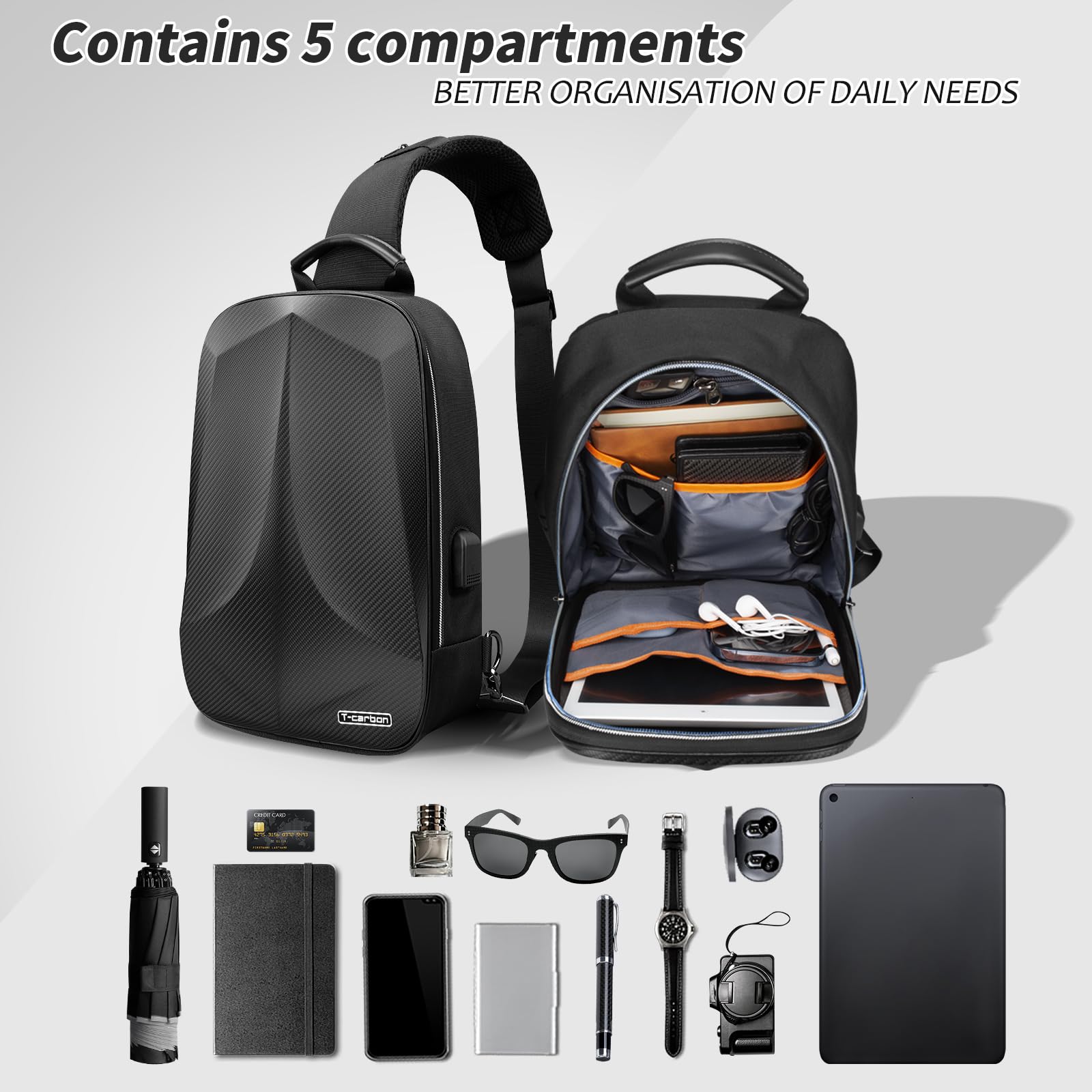 Bolsa cruzada antirrobo de fibra de carbono real para hombres, bolsa de viaje, mochila de una sola correa con USB y bloqueo de reinicio para viajes, deportes, ciclismo, uso diario 4