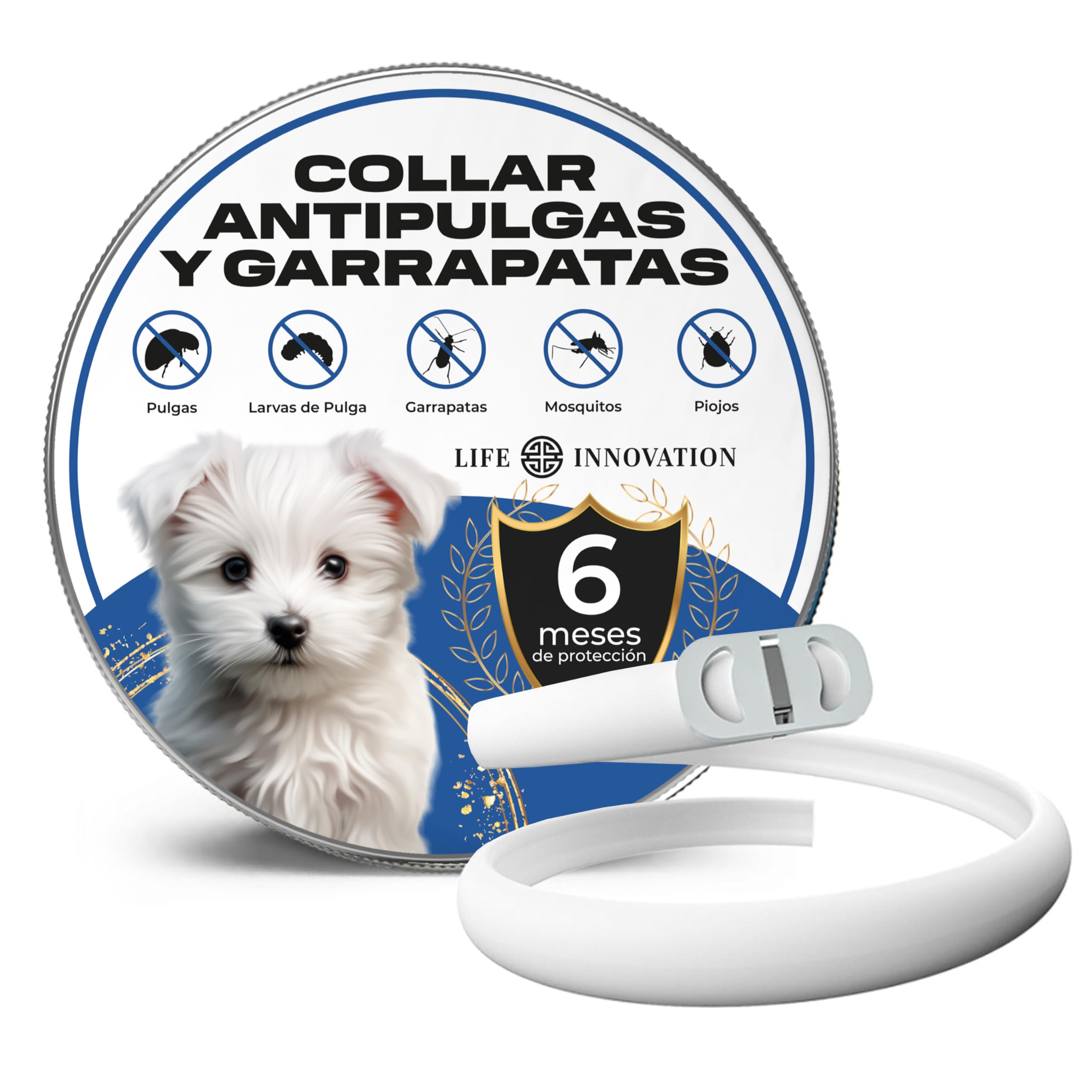Collar Antiparasitario para Perros, 6 Meses de Protección contra Pulgas, Garrapatas y Mosquitos - 100% Natural, Impermeable, Ajustable, para Todos los Tamaños.