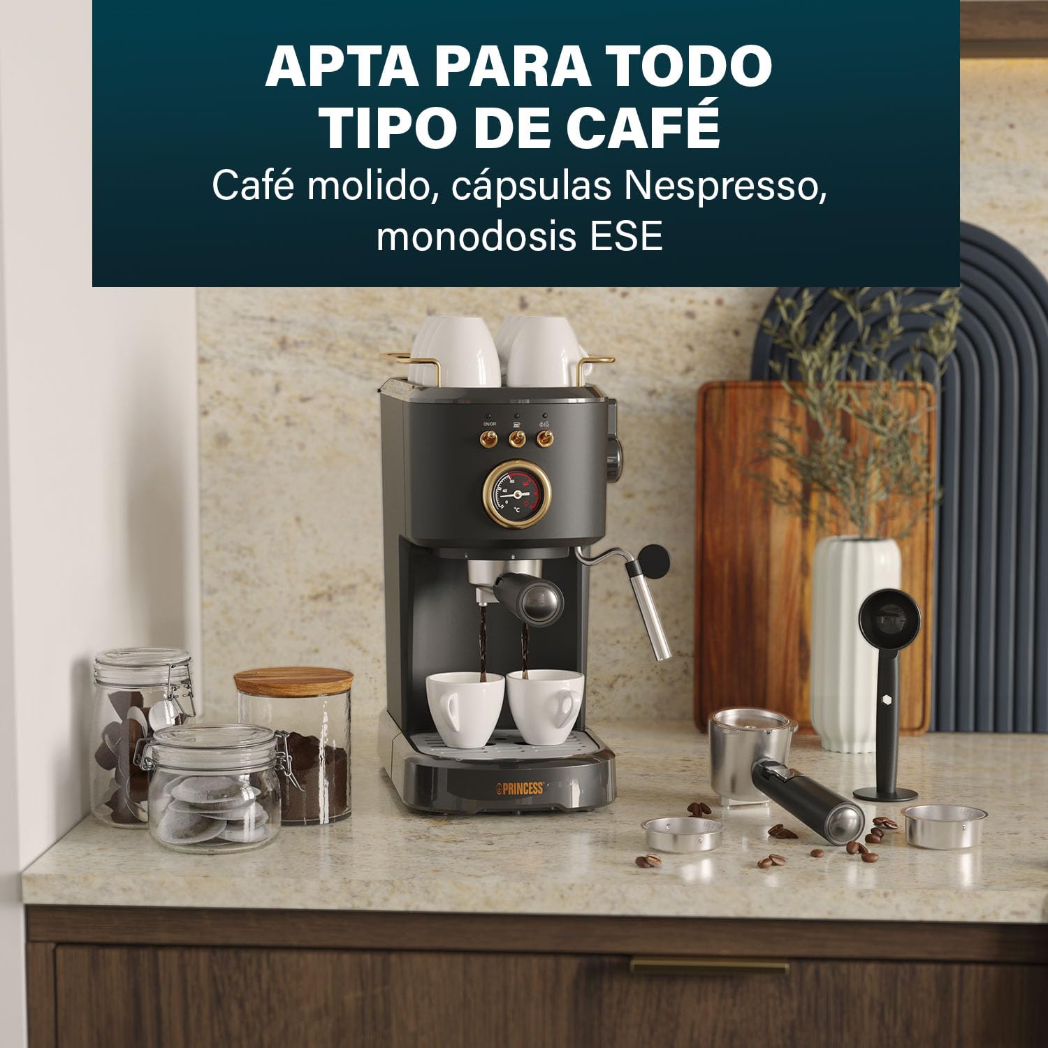 Princess Máquina de Espresso, 1100W, 20 Bares, Calentador de Tazas, Boquilla de Vapor, Depósito 1,2L, Para Café Molido y Cápsulas, Fácil de Limpiar, Apagado Automático, 01.249417.01.001