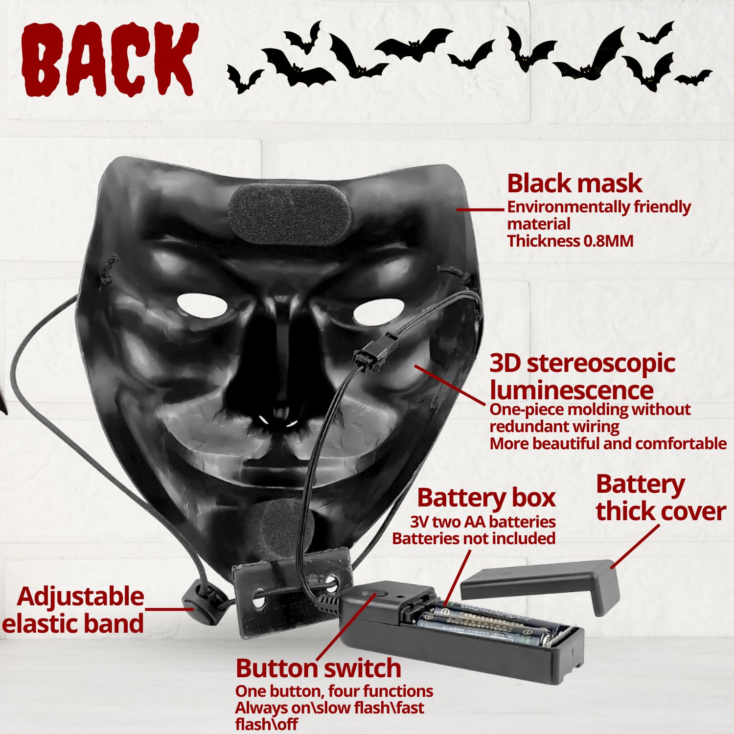 ririess LED Halloween Mask, Light-Up Scary Skull Mask with Cracked Neon Design - Image 3
