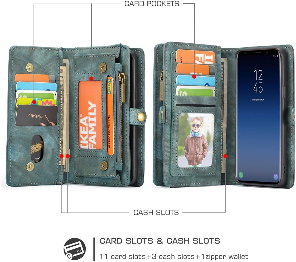 AKHVRS Galaxy S9 Plus Wallet Case, Handmade Premium Cowhide Leather Wallet Case with Zipper Wallet Case [Magnetic Closure] Detachable Magnetic Case & Card Slots for Samsung Galaxy S9 Plus - Blue