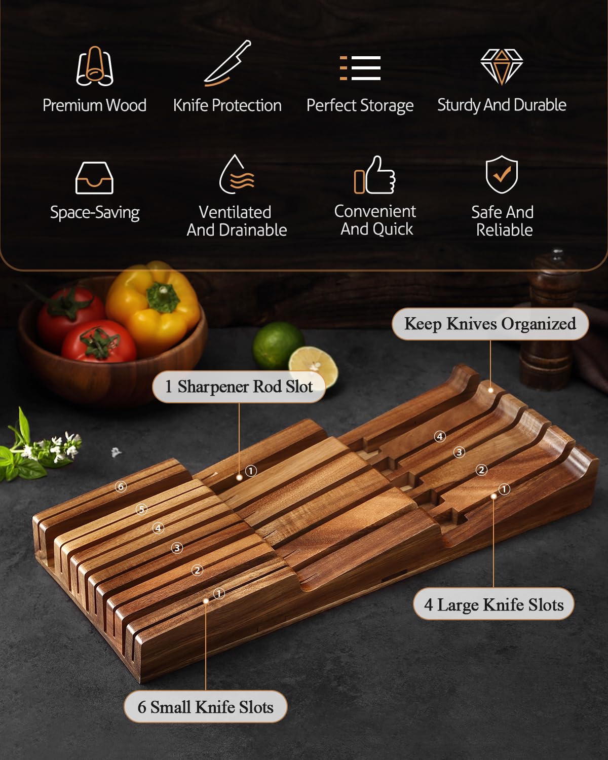 XINZUO Cassetto Blocco di Coltelli da Cucina in Legno di Acacia -43,6x18,4x5,3cm Ceppo Portacoltelli Universale per Cassetto (Senza Coltelli) -4 Coltelli Lunghi+6 Corti+1 Acciarino per Affilare