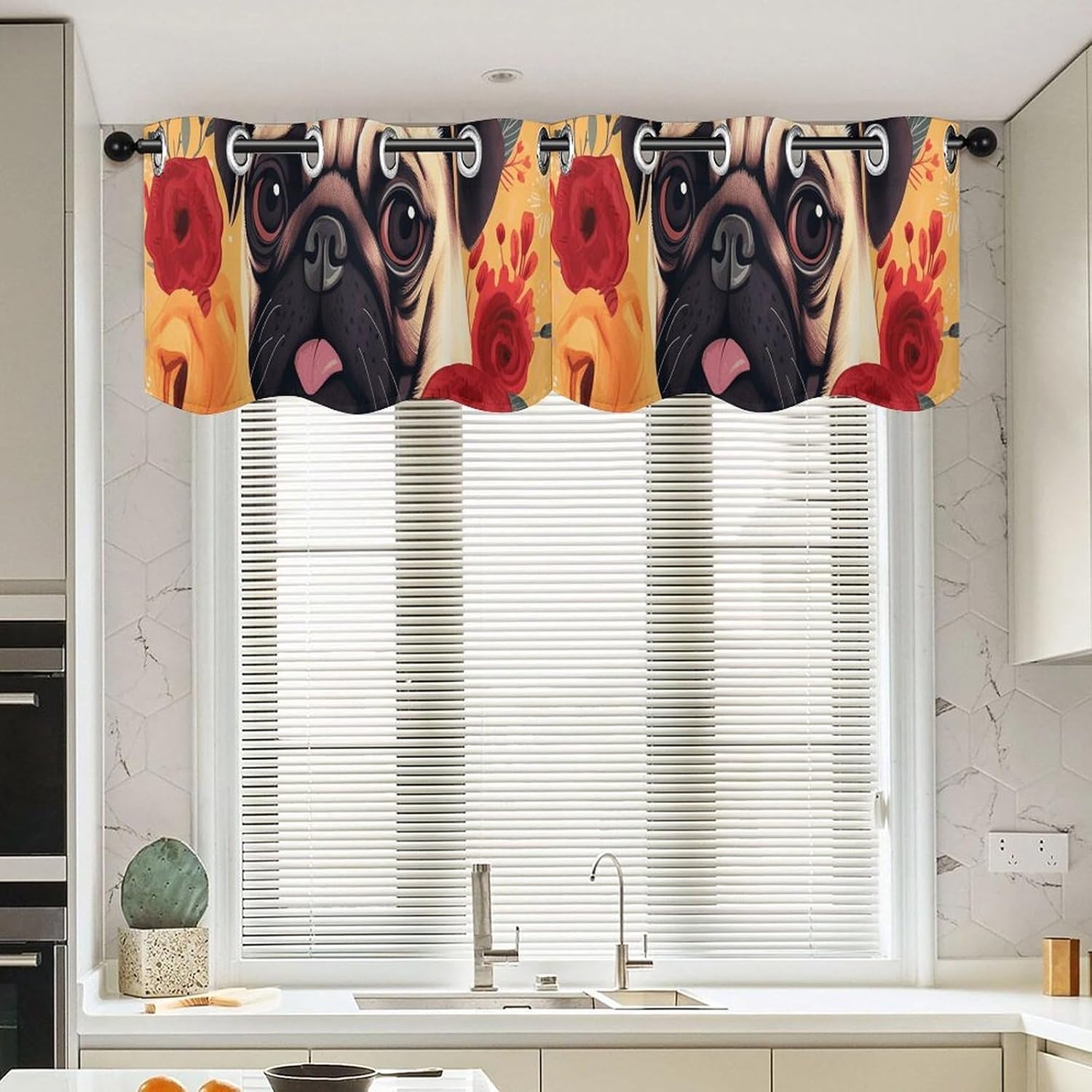 Pug Flower Valance for Windows, 2 Pack Kitchen Curtains Modern Home Decor, Soft Blackout Window Curtains for Living Room & Bedroom, 18 X 52 Inch