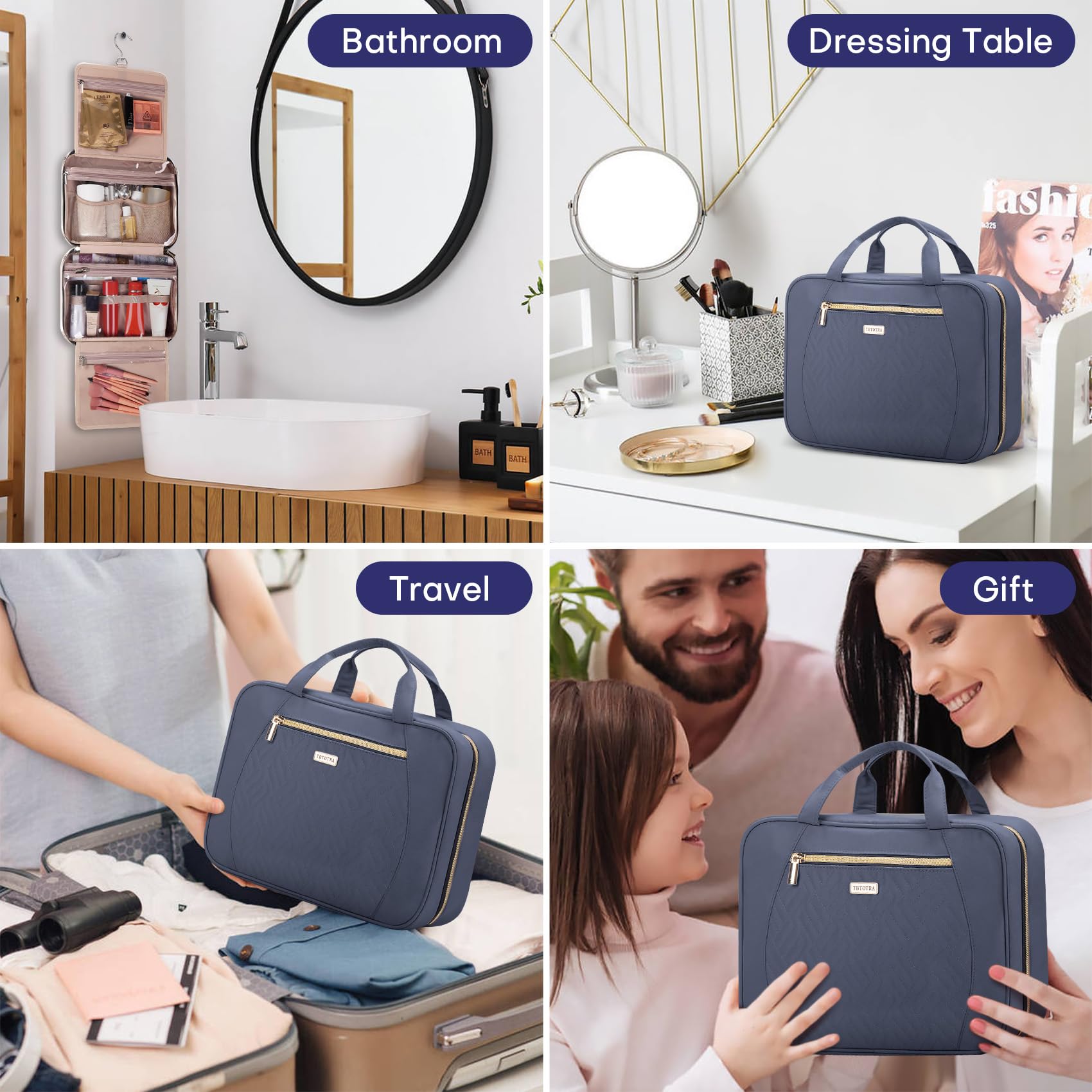 Neceser de viaje para mujer, portátil, impermeable, a prueba de fugas, organizador de maquillaje con gancho para colgar, gran capacidad, gris, azul , L