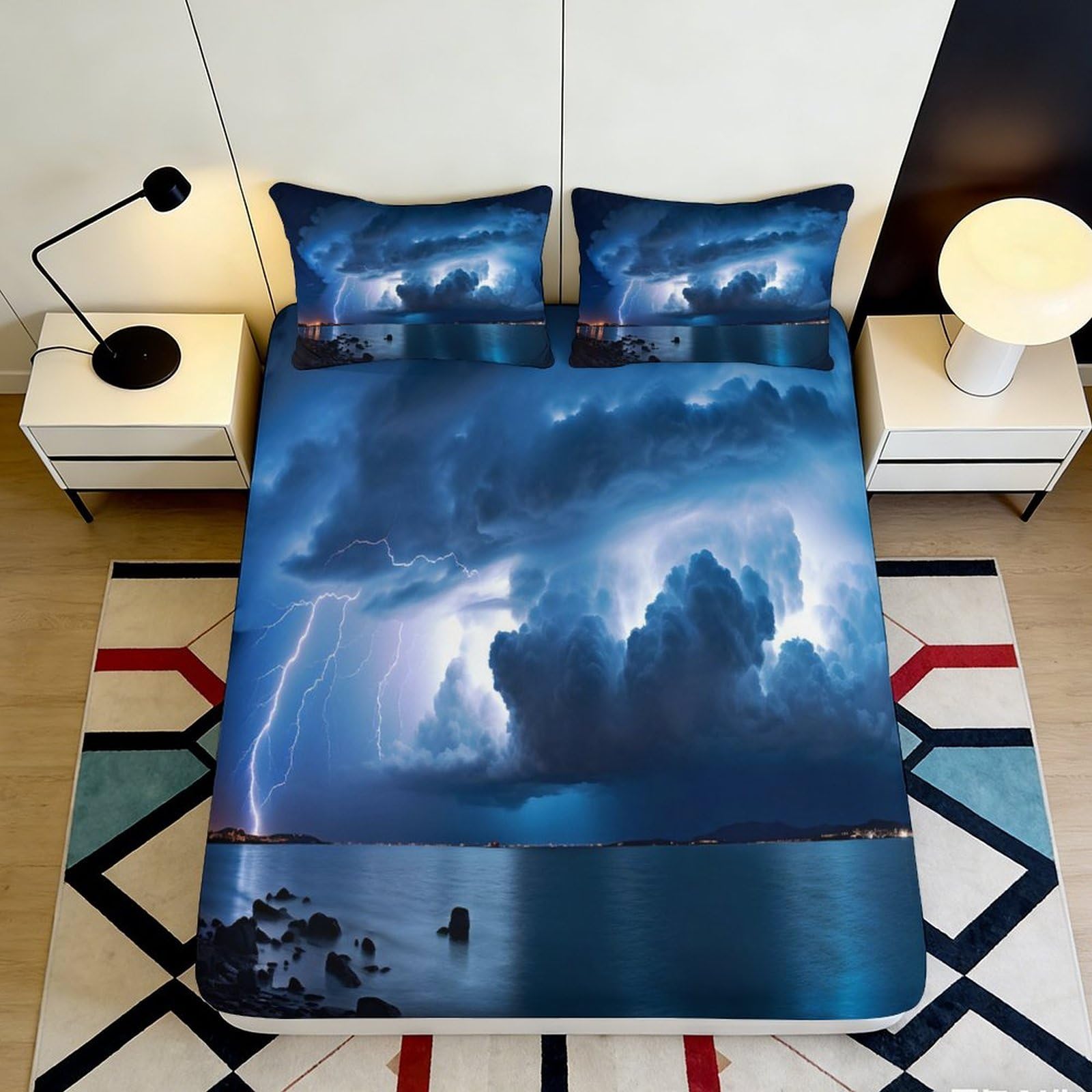 3D Printed Thunderstorm Night Sky Fitted Sheet Microfiber Blue Lightning Lake Mattress Cover for Bedroom Dorm Décor 90x200x25cm