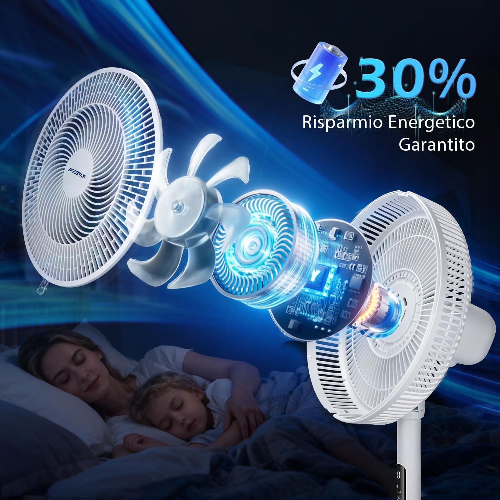 Aigostar Ventilatore a Piantana Silenzioso con Motore DC, 30dB, 9 Velocità e 3 Altezze Regolabili, Telecomando, Timer 9H, 7 Pale Aerodinamiche, Ideale per Camera da Letto e Ufficio, 30W, Bianco