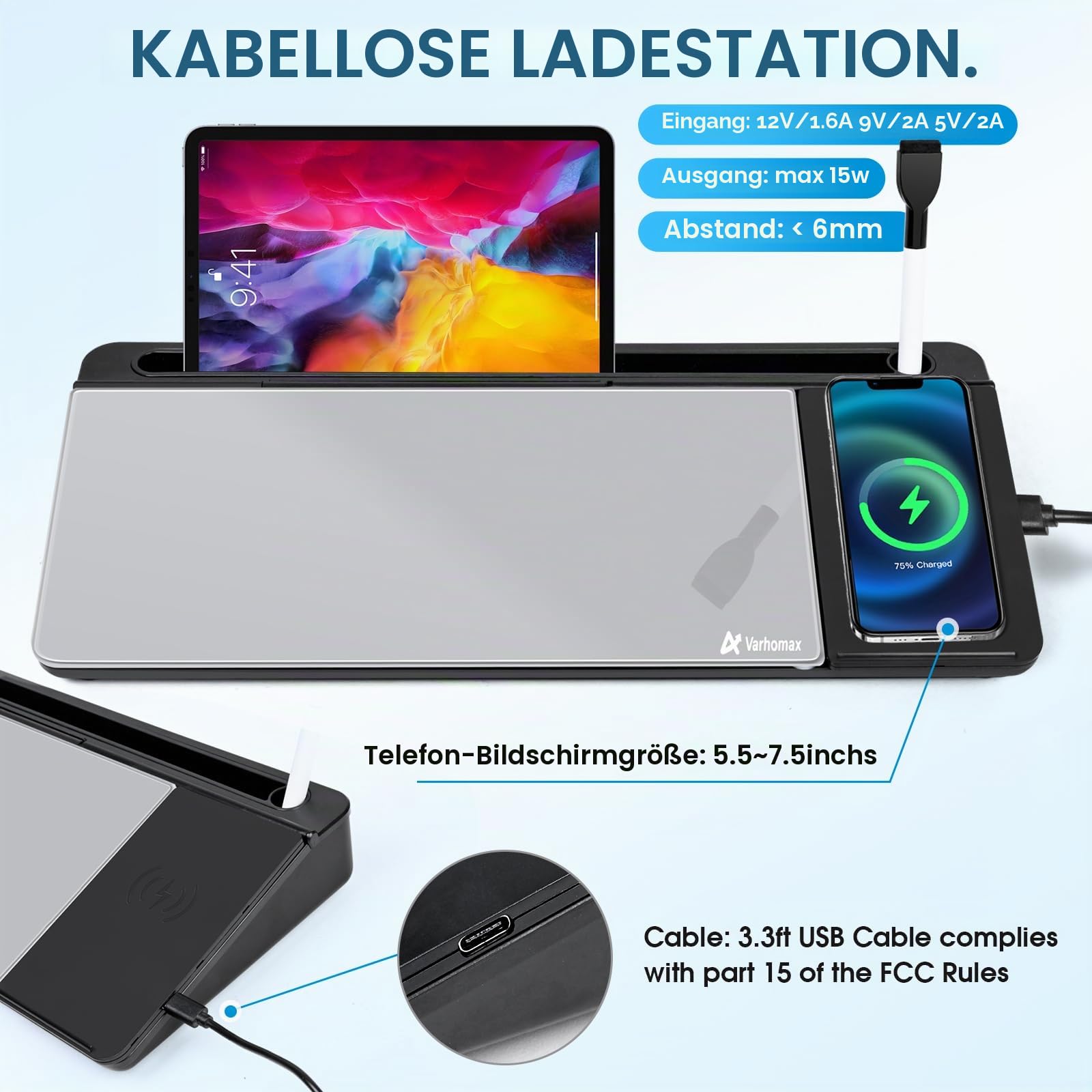 Varhomax Glas-Schreibtisch-Whiteboard mit kabellosem Ladegerät, trocken abwischbar, Aufbewahrung, Buddy To-Do-Liste, Notizblock für Zuhause und Büro