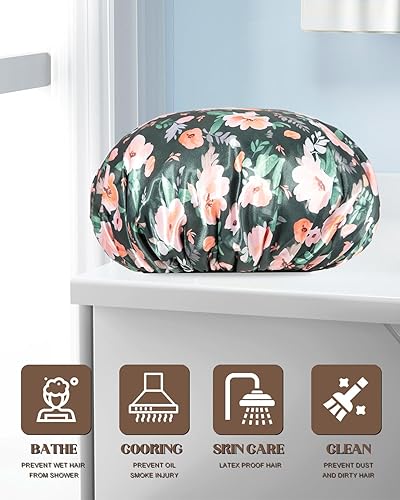 Miniatura 6 de Auban Gorro de ducha con forro de rizo, gorro de ducha grande de triple capa para mujer, gorro de ducha reutilizable de tela de rizo para mujer,