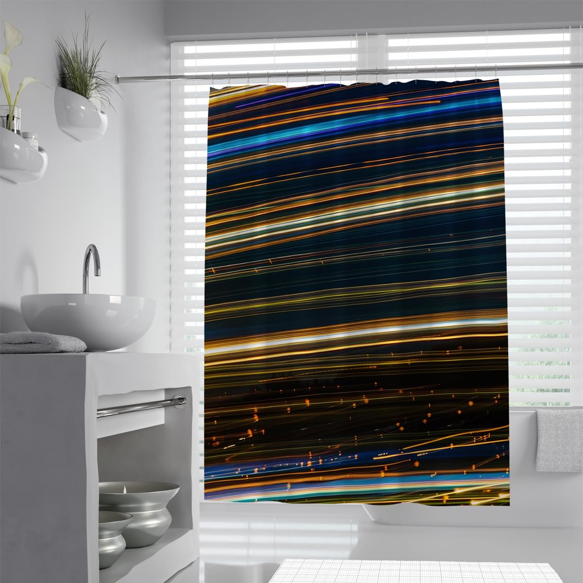 UIRINGART Artistic Bathroom Bathtub Curtains W100xL180cm Navy Blue Orange Abstract Speed Lines Trail Pattern Mildew Mould Resistant Polyester Waterproof Wet Rooms