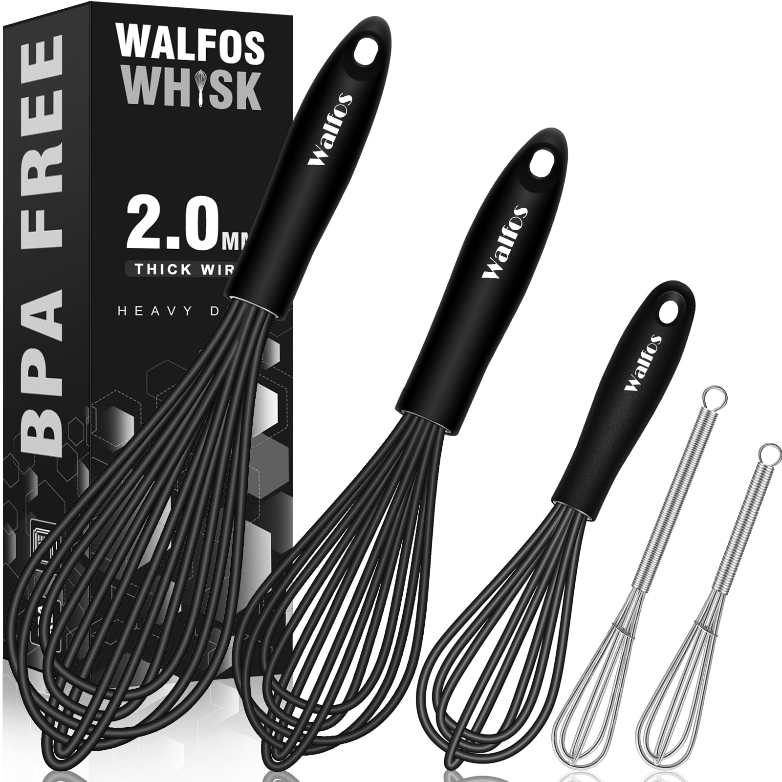 Silicone Whisks set with 7+5in mini stainless steel whisk, Non Scratch Coated 7+9+11in Whisks for Nonstick Cookware,Premium for Blending, Whisking, Beating, Frothing & Stirring