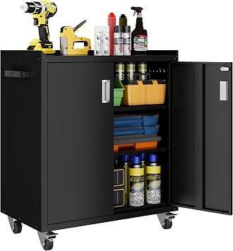 LCAOPC Metal Storage Cabinet with Wheels - Lockable, Rolling Tool Cabinet for Home, Office, Garage & Workshop - Black