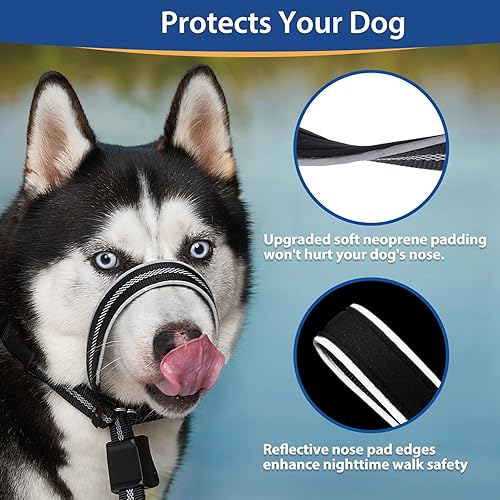 Vista 11 de BARKLESS Collar de cabeza de perro, cuello halter reflectante para perros pequeños, medianos y grandes con acolchado suave, arnés de boca sin Negro