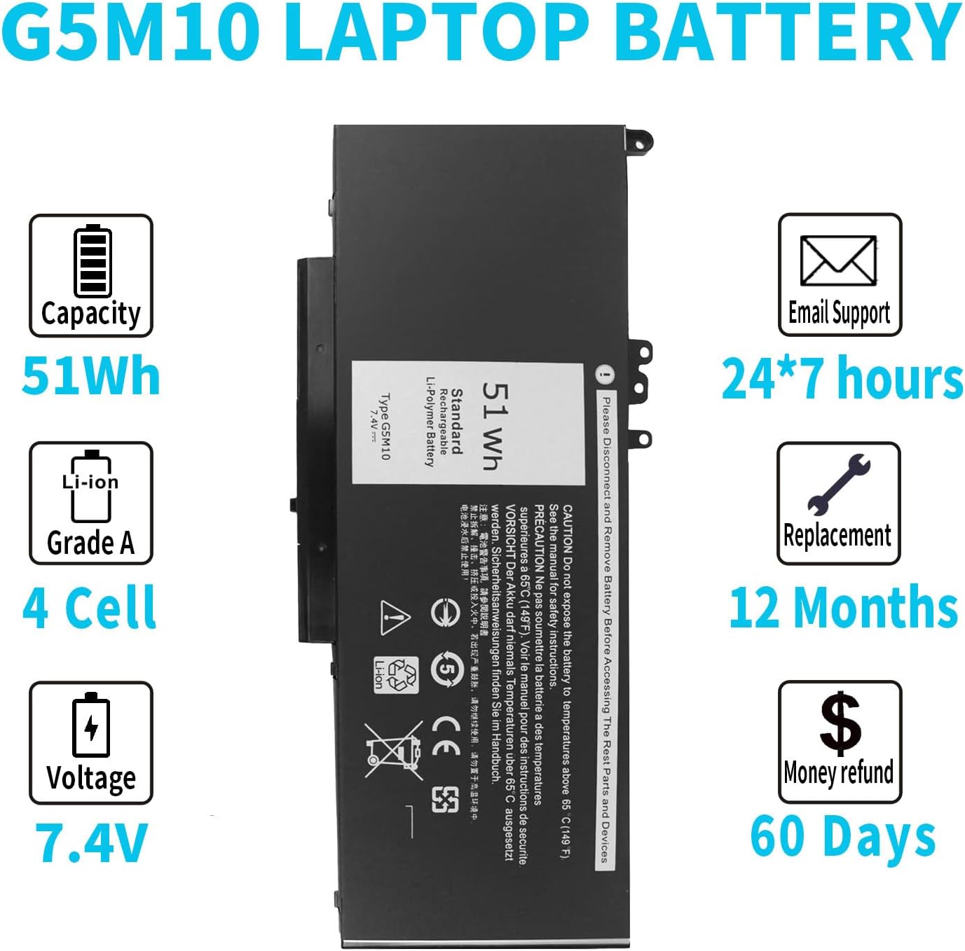 7.4V 51Wh Type G5M10 Laptop Battery Compatible with Dell Latitude E5450 E5550 E5250 15.6 inch 8V5GX R9XM9 WYJC2 1KY05 080-854-0066 0WYJC2 451-BBLN Standard Rechargeable Li-Polymer Battery 4-Cell