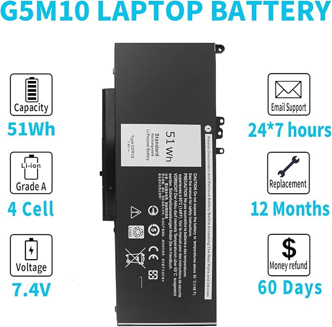 Batería para Laptop 7.4V 51Wh G5M10 Compatible Dell Latitude miniatura 5