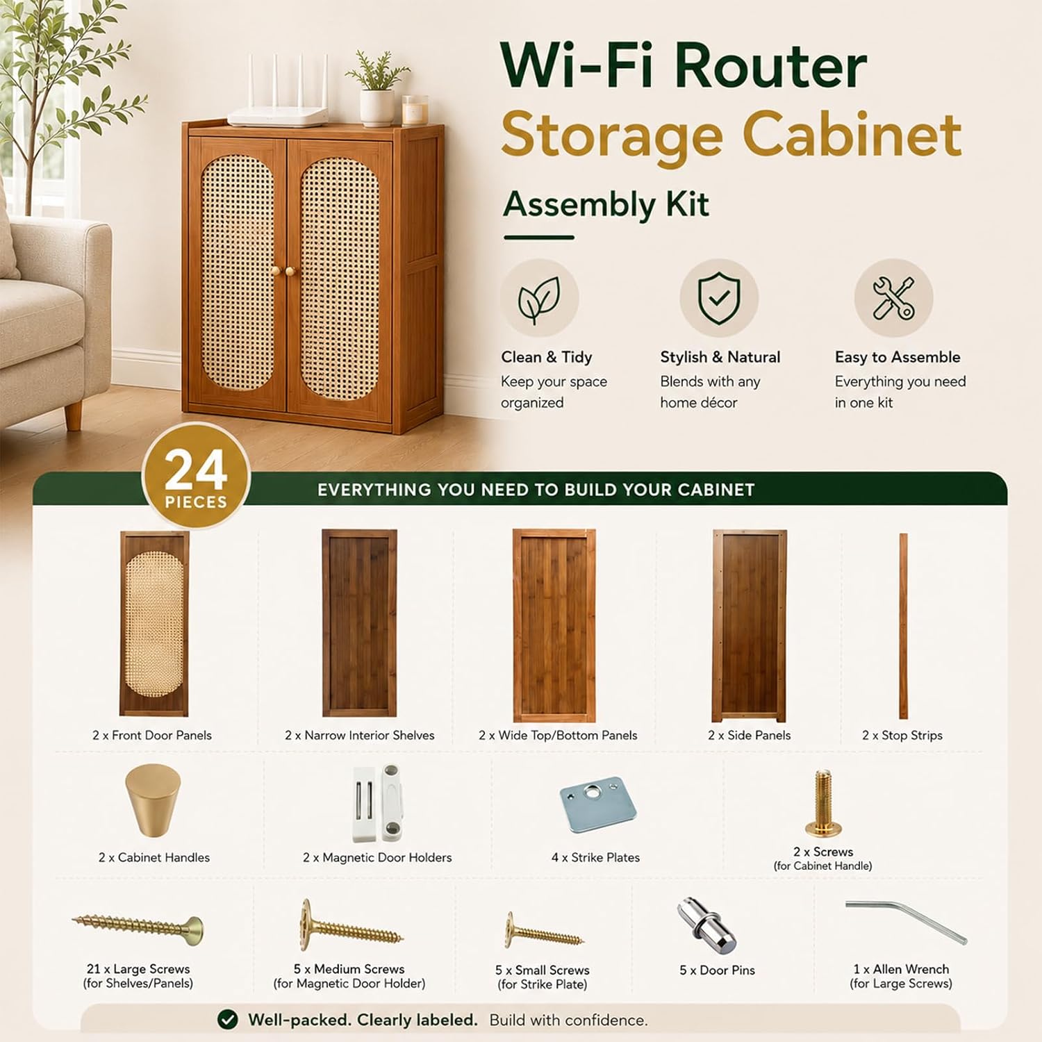 Large WiFi Router Storage Cabinet 23.6" x 32.3" x 9.8",3-Tier Bamboo Rattan Standing Modem Organizer Box for Home & Office, No Back Panel (Walnut