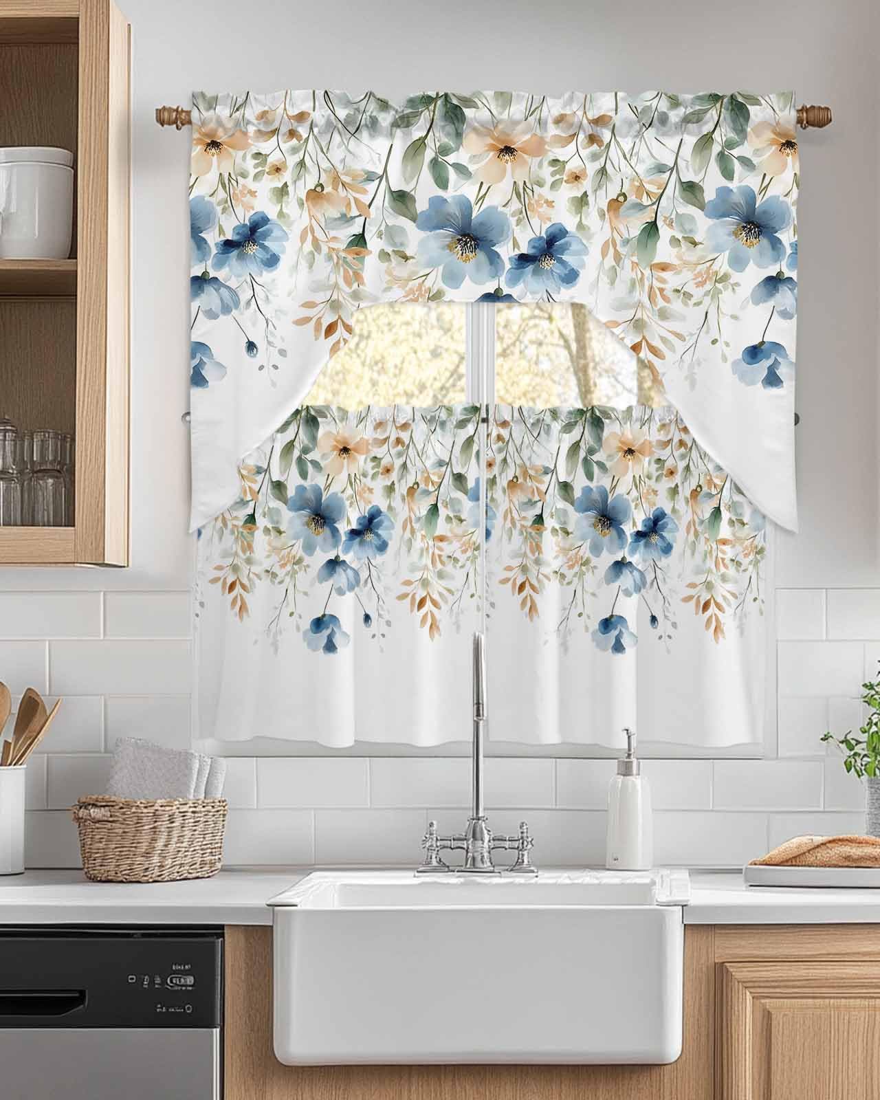 Blue Floral Kitchen Curtains Sets for Windows 3 Piece, Summer Botanical Kitchen Curtains and Valances Tier Set 36 Inch Length Watercolor Wildflower Leaf Swag Curtain for Living Room Cafe Bath Bedroom