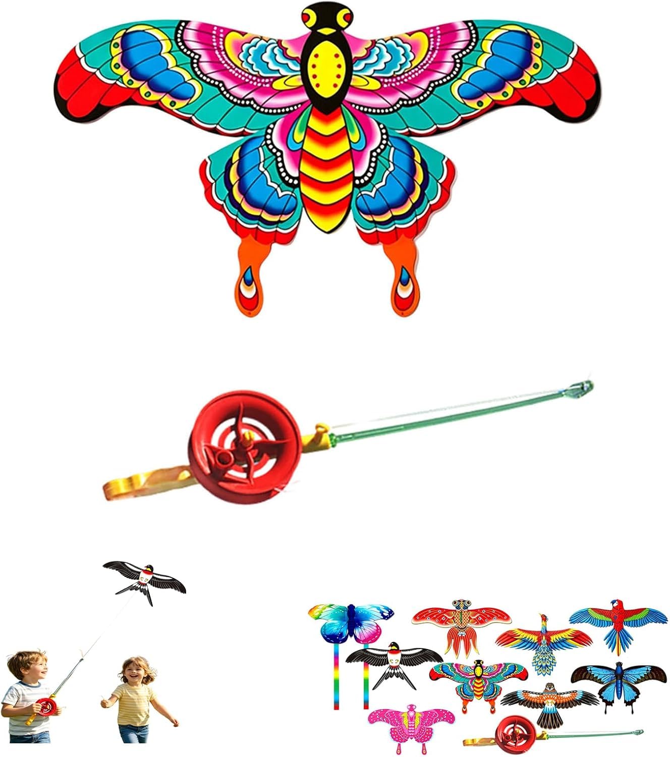 Fishing Poles Kite, Beach Toys, Angling Themed Flying Toy, Dynamic Wing Kites with Fishing Rod Line, Dynamic Winds Flying Toys for Outdoor, Beach Kite for Family Outdoor Activities (Yellow)