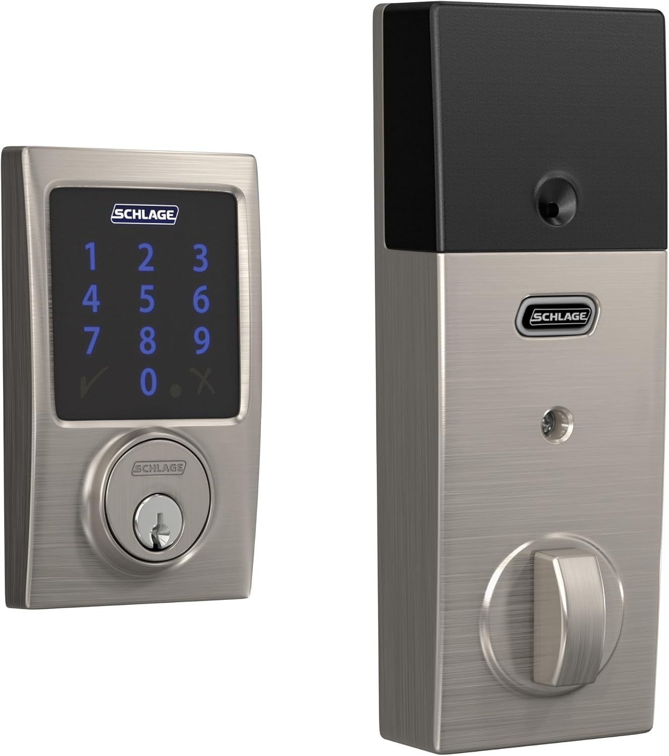 Connect Smart Deadbolt Lock with Century Trim, Satin Nickel | Keyless entry door lock, Touchscreen keypad deadbolt, Z-Wave Plus smart lock, Ring alarm compatible, Easy install, BE469