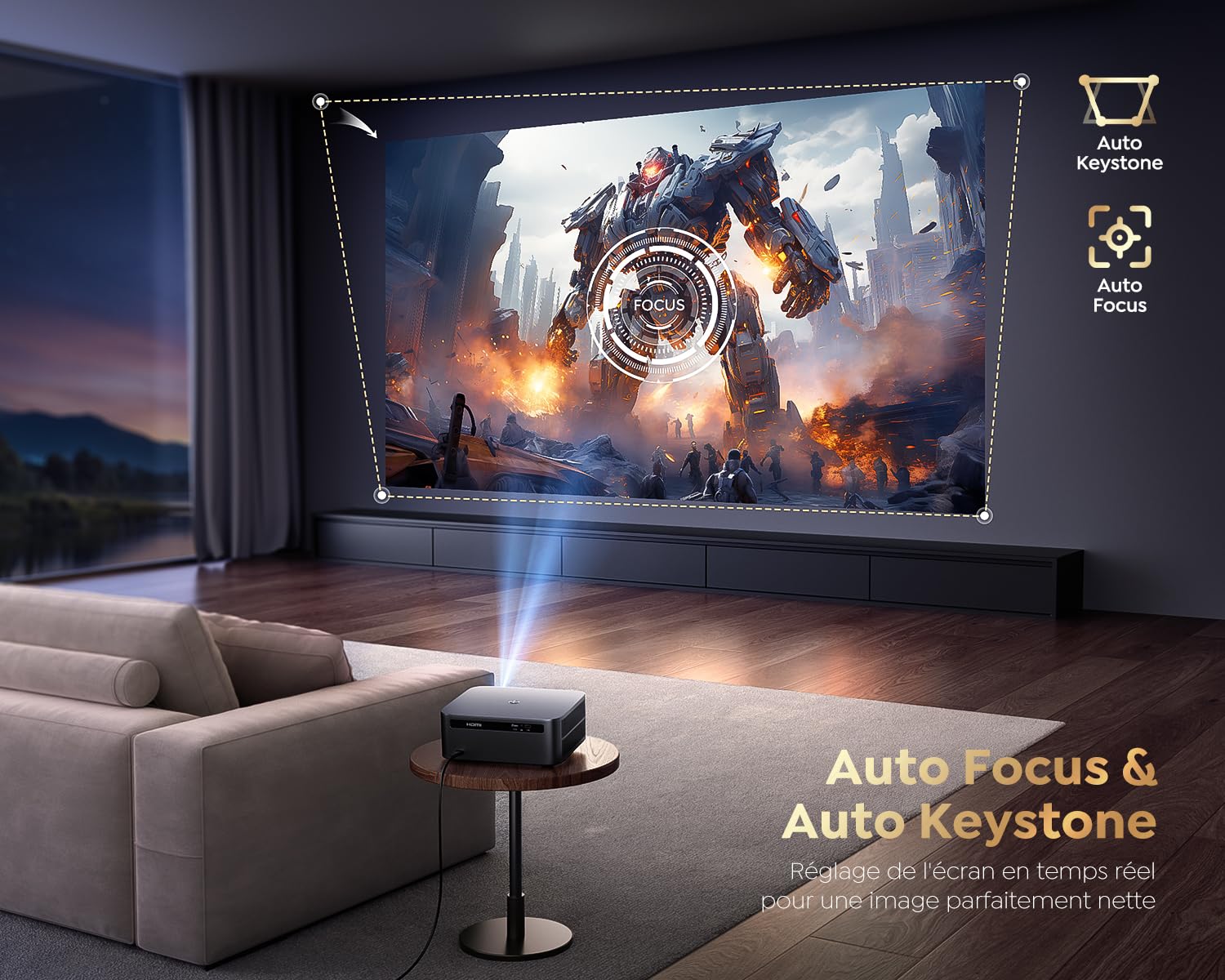 Vidéoprojecteur 4K【1600 ANSI/Google TV】 Disney+/Netflix Inclus, Auto Focus/Keystone Projecteur WiFi6 Bluetooth Full HD 1080P, Contrôle Vocal, Zoom 50% Projecteur Vidéo de Jour Home Cinéma/Extérieur