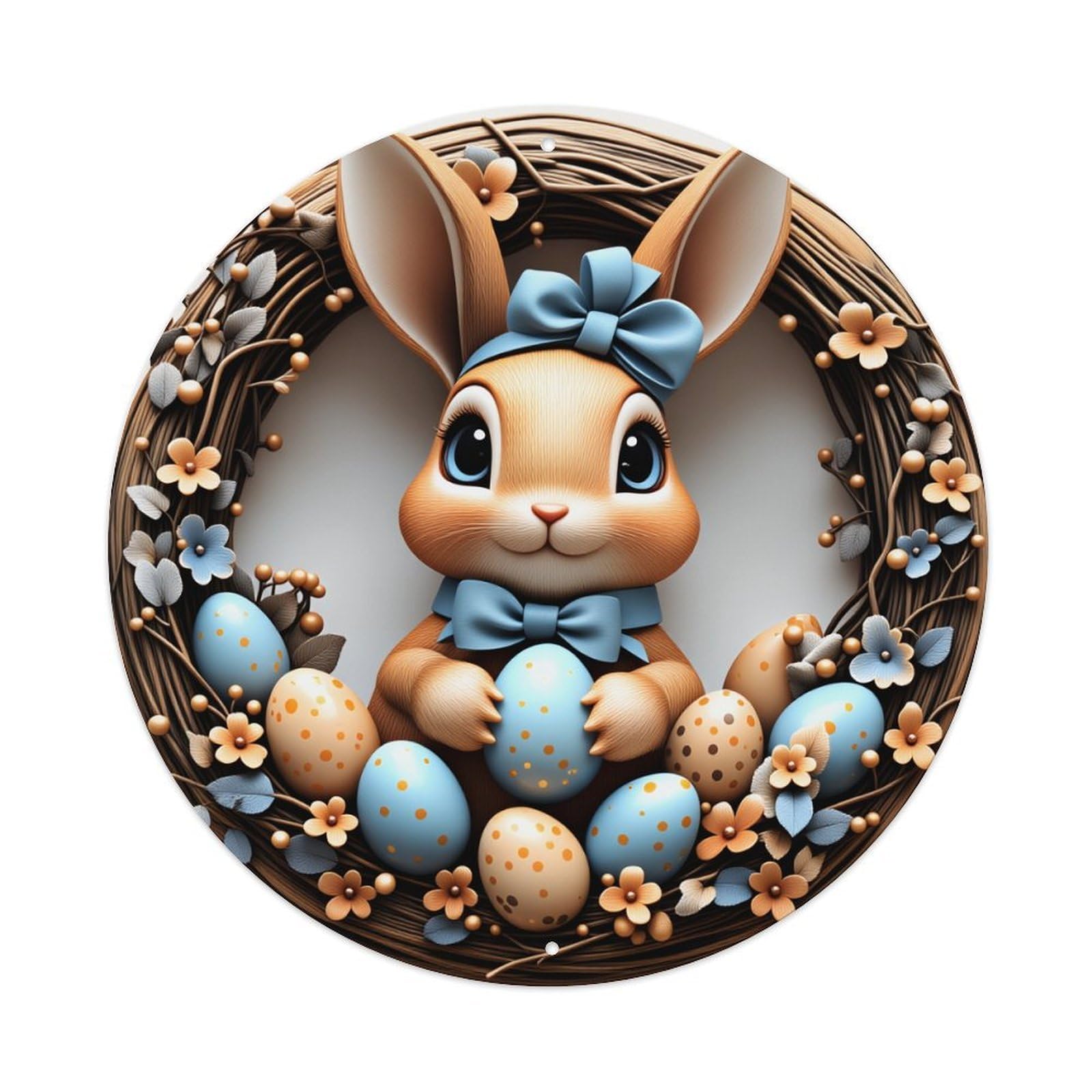 Wmlzdnwr Vintage Easter Bunny Wreath With Eggs And Flowers Round Tin Sign,Retro Wall Art,Metal Poster For Home, Bar, Garage, Cafe, Rustic Indoor & Outdoor Decor, 8X8 Inches