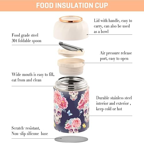 Miniatura 4 de MCHIVER Skull Peony Flowers Food Jar with Spoon Stainless Steel Vacuum Insulated Food Container 17 oz Food Thermos for Adults