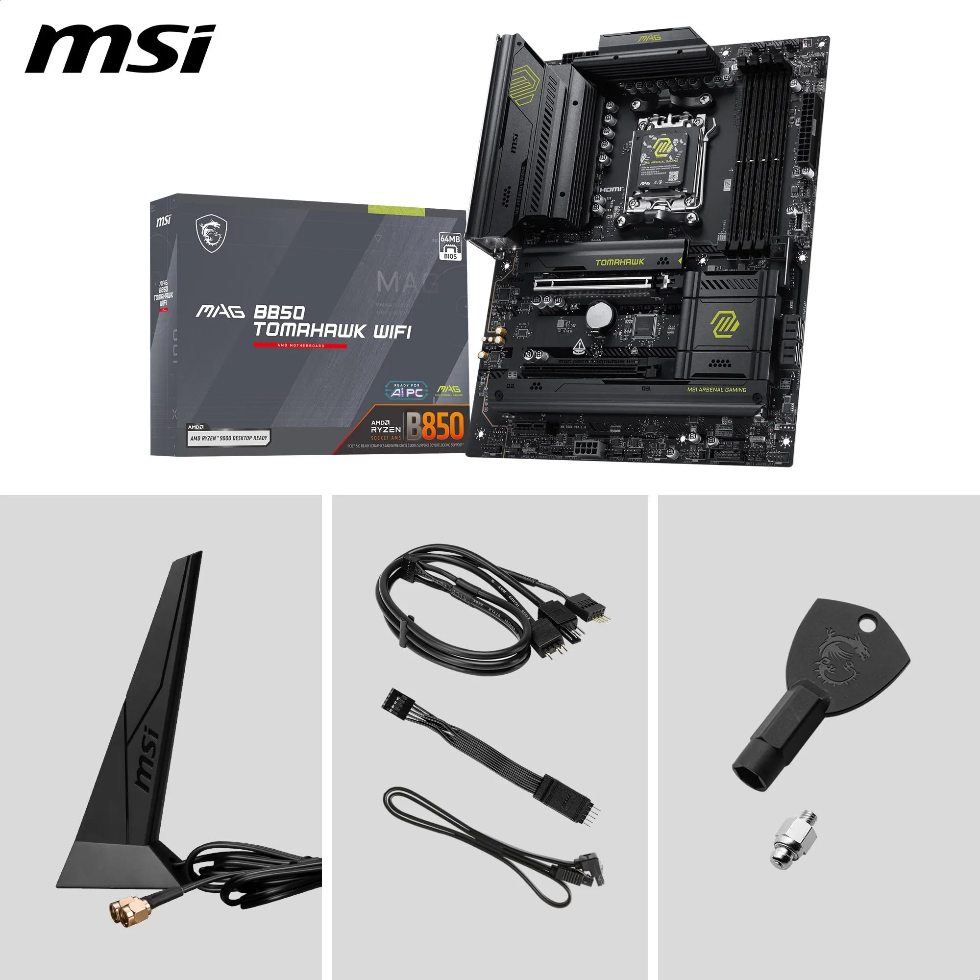 MSI MAG B850 TOMAHAWK WIFI Płyta główna, ATX - Obsługuje procesory AMD Ryzen 9000/8000/7000, AM5-80A SPS VRM, DDR5 Memory Boost 8200+ MT/s (OC), PCIe 5.0 x16, M.2 Gen5, Wi-Fi 7, 5G LAN
