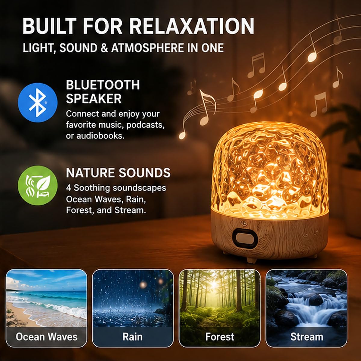 Projektor fal oceanicznych Lampka nocna, lampa prysznicowa z 16 kolorami do ładowania i 4 trybami oświetlenia, lampka nocna LED Moon do sypialni, salonu, biurka Walnut