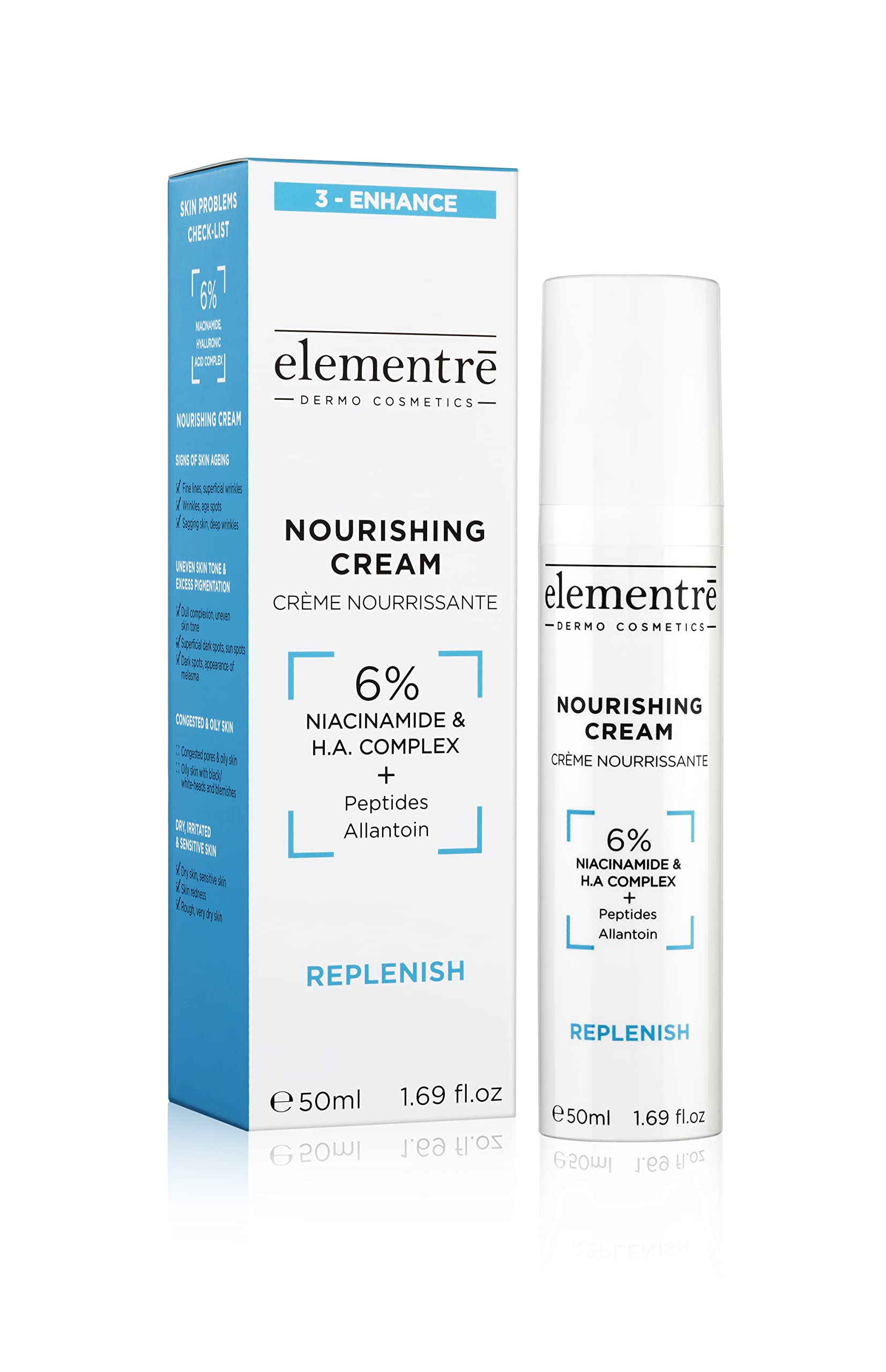 Crema nutriente 6% niacinamide & acido ialuronico in complesso - elementrē dermo cosmetics - ricarica e cura la pelle - 50ml Flacone Airless