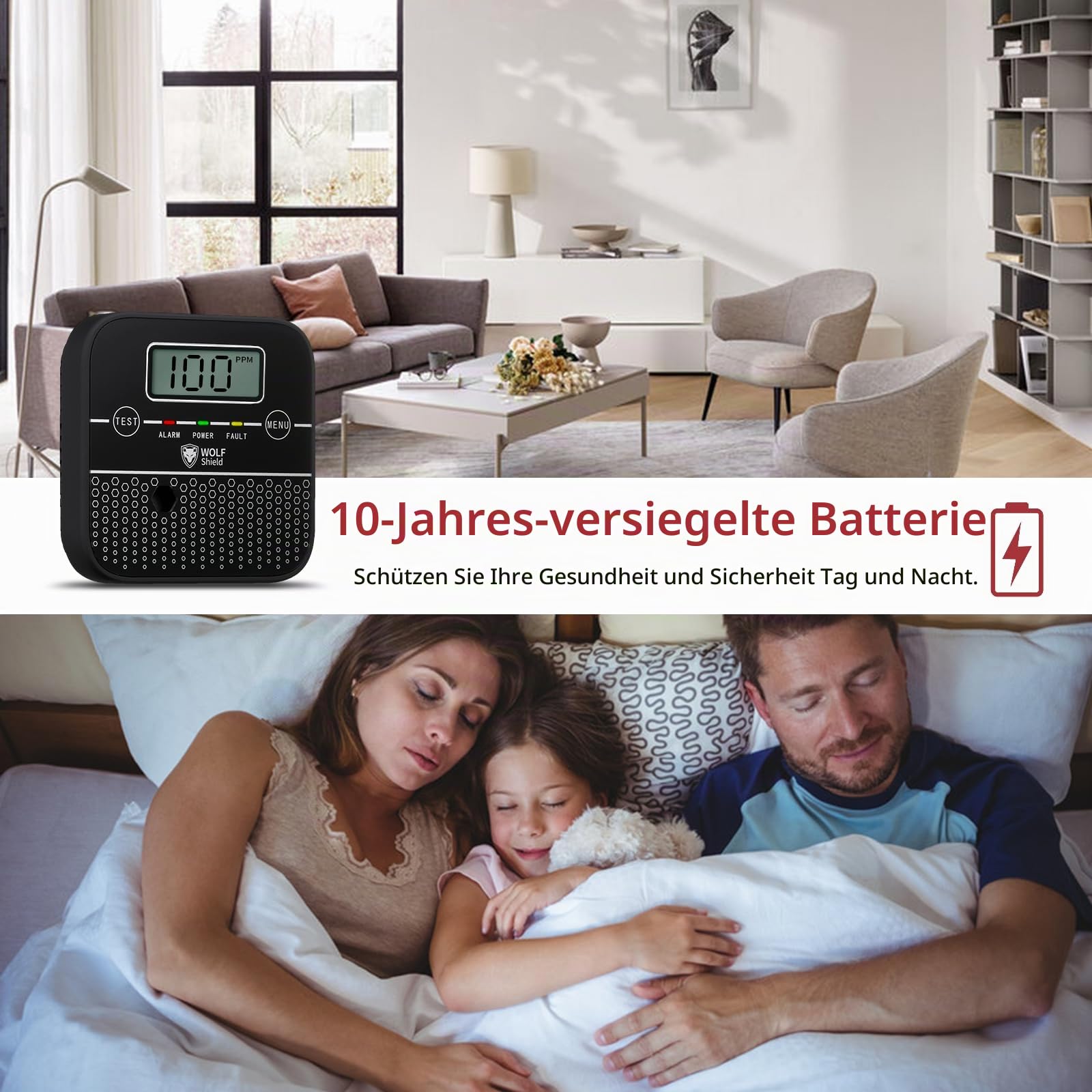 Kohlenmonoxid-Melder 10 Jahre versiegelte Batterie Lebensdauer Mini Kohlenmonoxid-Warnmelder WOLF SHIELD CO-Melder mit freistehenden LCD-Display Test Silence-Funktion für Haus,Wohnwagen,Wohnmobil,Auto