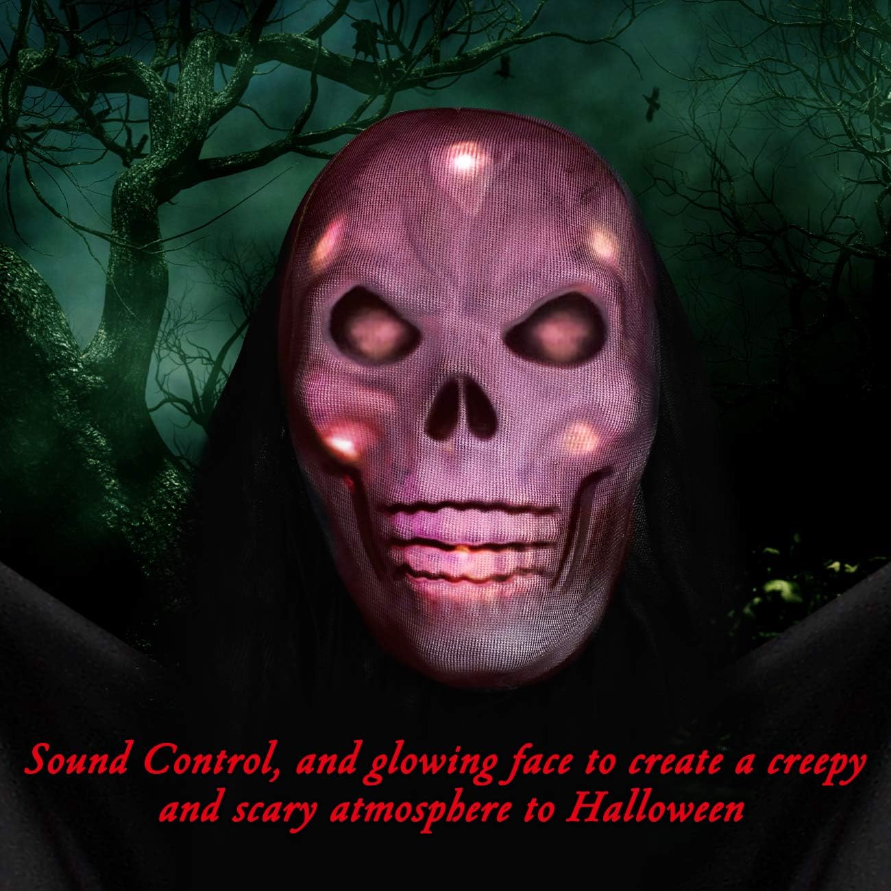 LUKAT Halloween Hanging Ghost Decorations, Halloween Hanging Decorations with Glowing Skeleton Mask & Scary Sounds Effects for Indoor/Outdoor Yard Decor